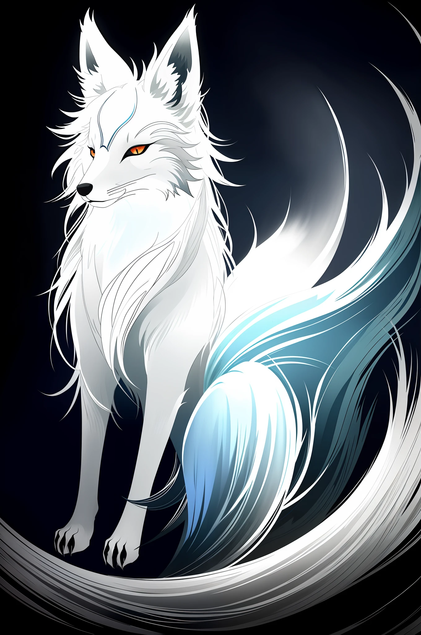 Drawing of a fox with white hair sitting on a branch, ethereal fox, nine-tailed fox, fox three-tailed fox, onmyoji detailed art, nine-tailed, beautiful artwork illustration, mythological creature, fox, beautiful Digital artwork, exquisite digital illustrations, mizutsune, inspired by mythical creatures Wildnet, digital art on pixiv, strong light, high contrast, horror movie theme, dark atmosphere
