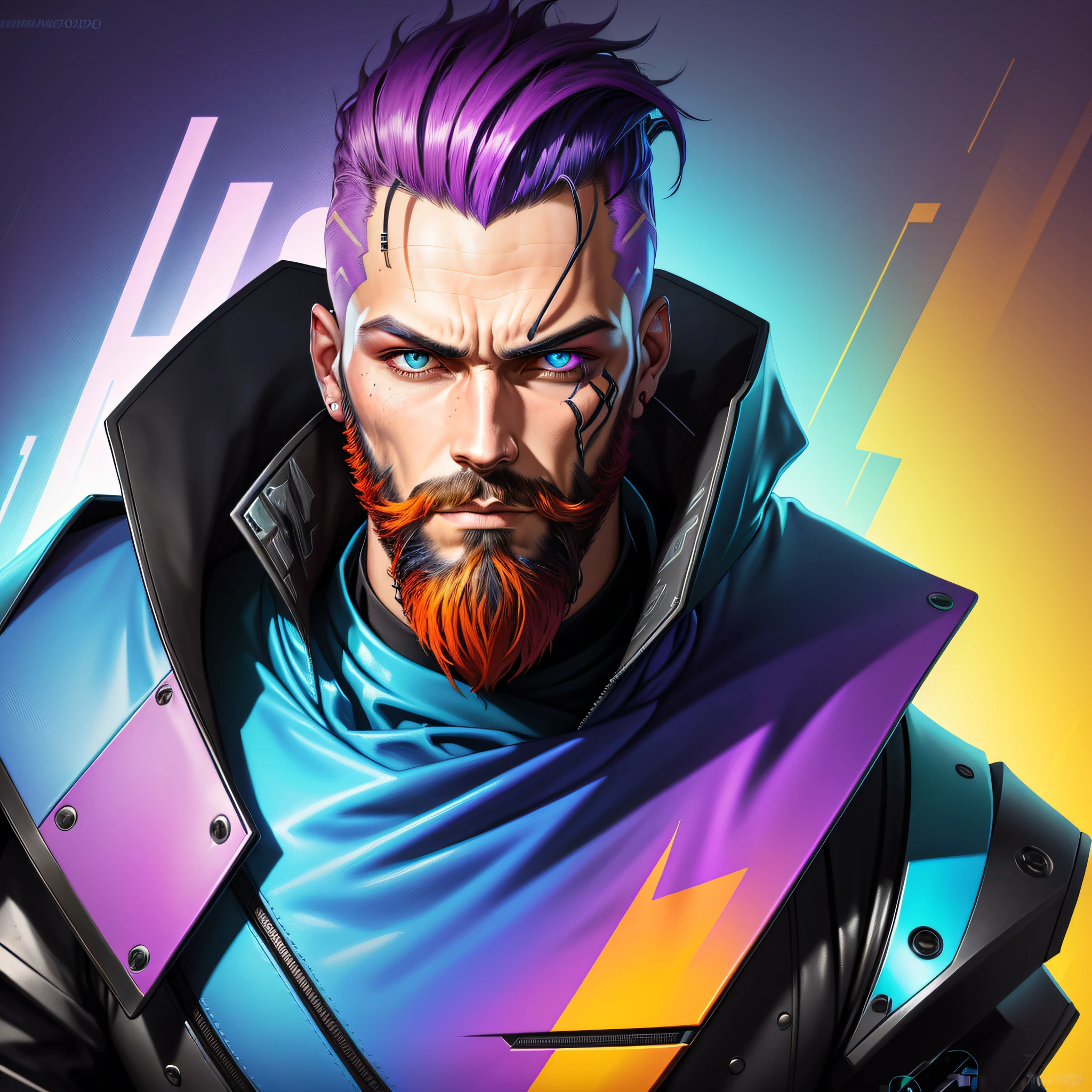 A man with a beard, cyberpunk art, funk art, stunning gradient colors, stylized portrait h 704, pompadour, Twitch streamer, cool colors. insanely detailed, T-800, no watermark signature, in rich colors, outdated