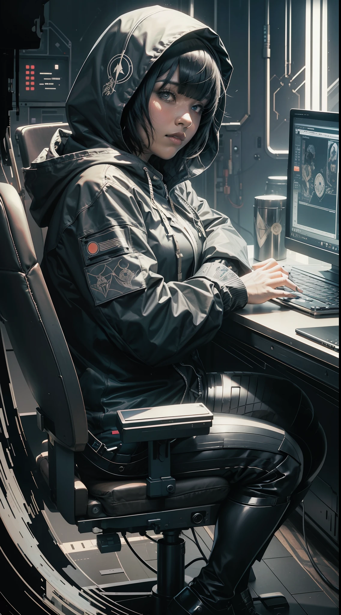Hacker with hood on head,medium black hair with bangs,fat body,black face,face in shadows,black latex clothing,sitting on a computer chair,metal crown,dark scenery,hand drawing,illustration,art nouveau,tarot cards