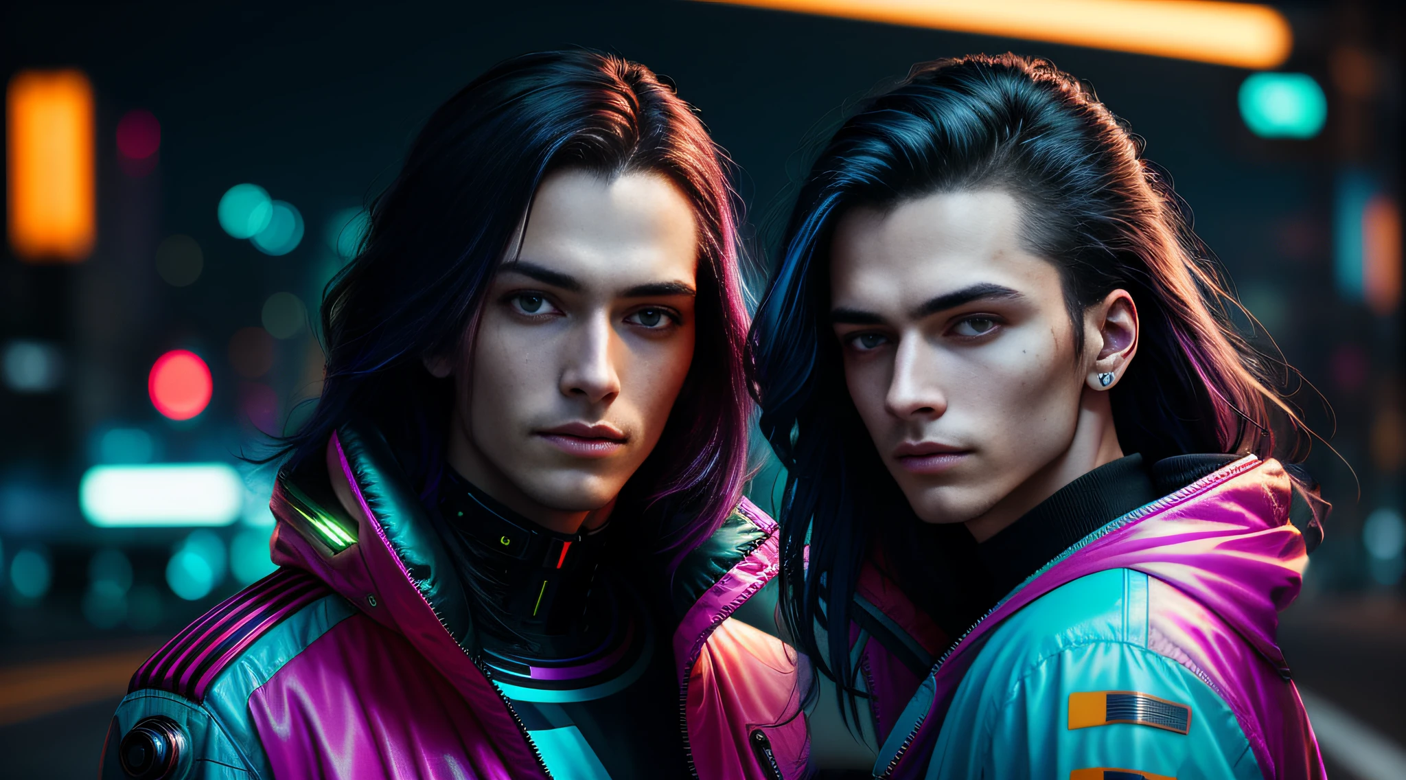 cyberpunk portrait photography, beautiful young man looking out of camera in bright futuristic jacket, super realistic face, eyes visible through hair, proper eye position, natural skin, soft light, rim light, hips, on the side of the road, detailed background, intricate, highly detailed, octane render, HD, 8k, by Annie Leibovitz, 120mm