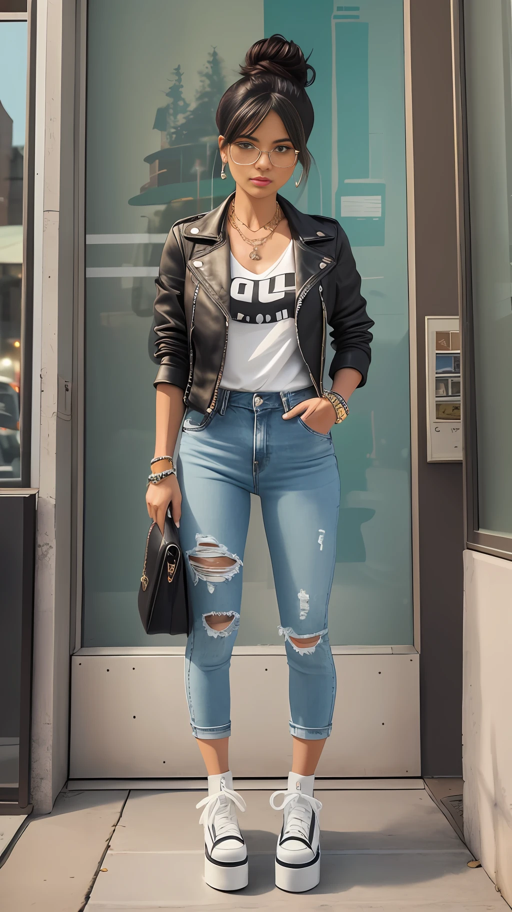 cartoon, soft tones, calm colors, (anime), (illustration), detailed, (masterpiece: 1.2, best quality), girl, solo Clothing: high-waisted pants, short top or printed t-shirt, jeans or leather jacket, platform sneakers or boots, ((full body)), Accessories: layered necklaces, striking earrings, Hair: messy bun, Confident, bold, unapologetic behavior, Location: urban areas, cafes, art galleries