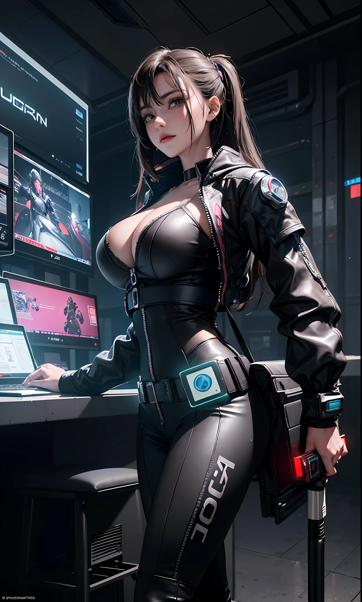 ((Best quality)), ((masterpiece)), (highly detailed:1.3), 3D, beautiful (cyberpunk:1.3) female hacker with thick voluminous hair operating a computer terminal, computer servers, LCD screens, fibre optic cables, corporate logos,HDR (High Dynamic Range),Ray Tracing,NVIDIA RTX,Super-Resolution,Unreal 5,Subsurface scattering,PBR Texturing,Post-processing,Anisotropic Filtering,Depth-of-field,Maximum clarity and sharpness,Multi-layered textures,Albedo and Specular maps,Surface shading,Accurate simulation of light-material interaction,Perfect proportions,Octane Render,Two-tone lighting,Low ISO,White balance,Rule of thirds,Wide aperature,8K RAW,Efficient Sub-Pixel,sub-pixel convolution,luminescent particles,