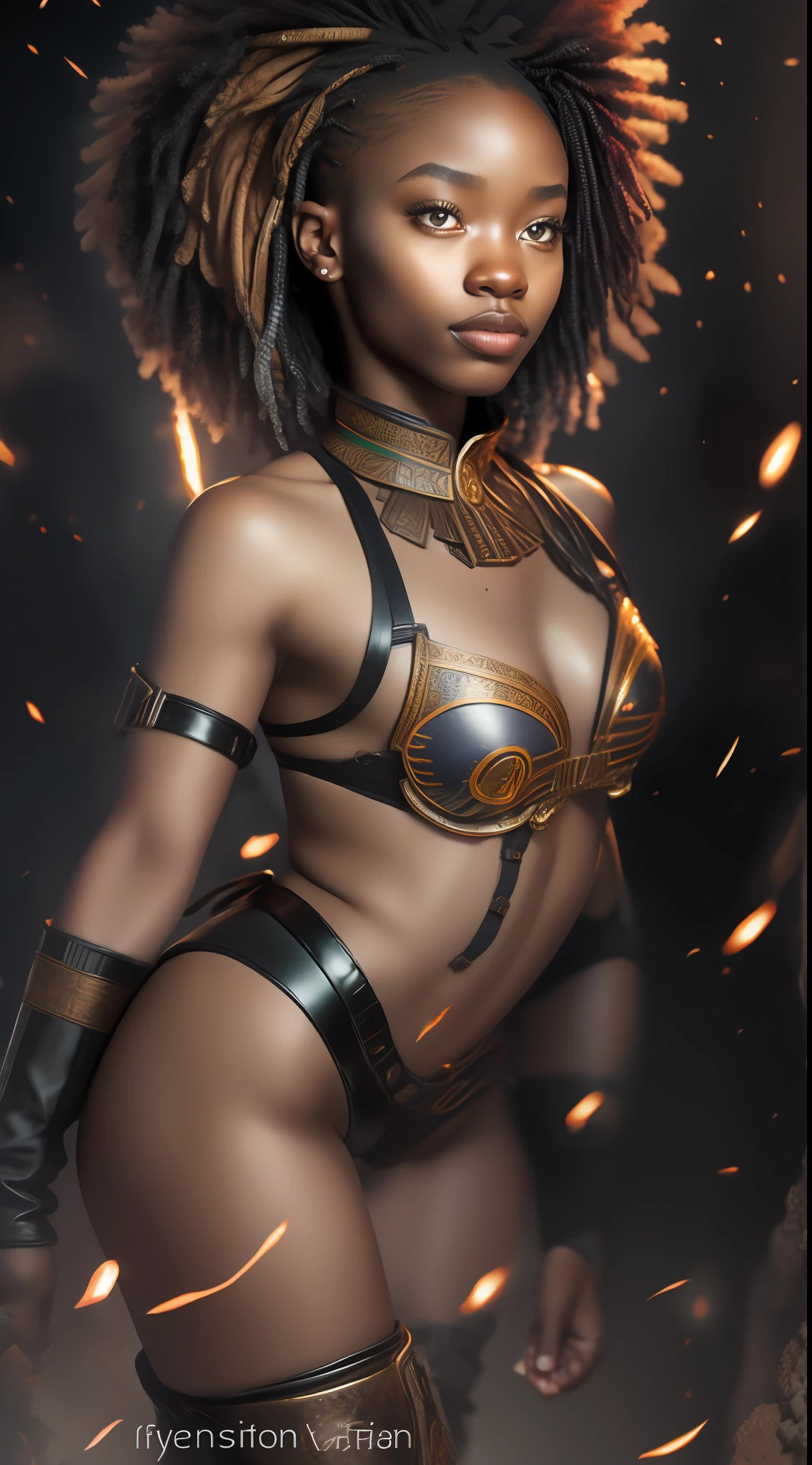 1 African American Warrior Girl 18 Years,Full Body,Perfect,8k Surrealism, Bottom Up Angle,In A Night Town