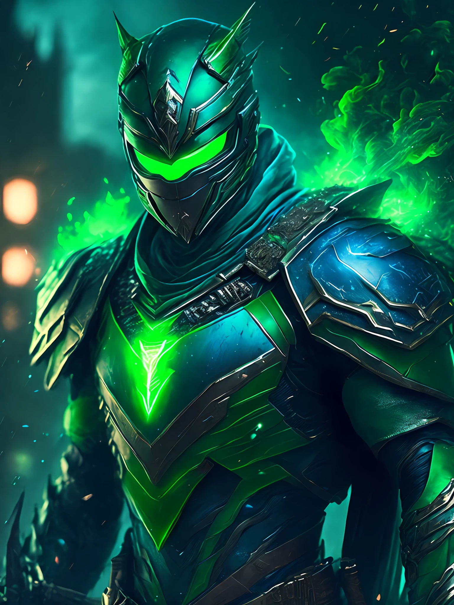 gloomy portrait of Green Ranger Horseman of the Apocalypse from Power Rangers, extremely detailed, futuristic cityscape, nighttime, glowing neon lights, smoke, sparks, metal shavings, flying debris, blue energy effects, volumetric light