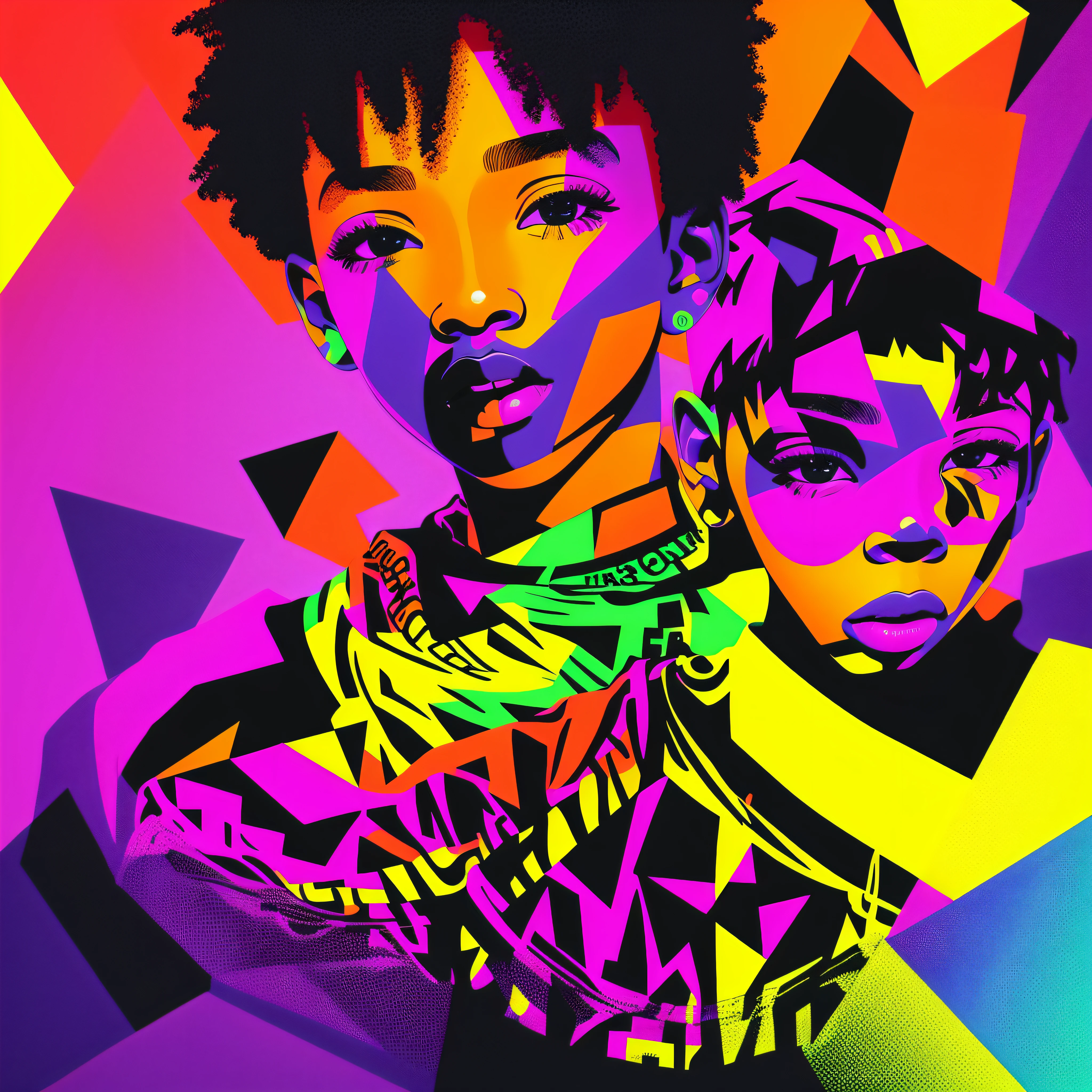 Black children bright colors, streetwear contrast of light and shadow, a mix of graphic --S5 --auto --s2