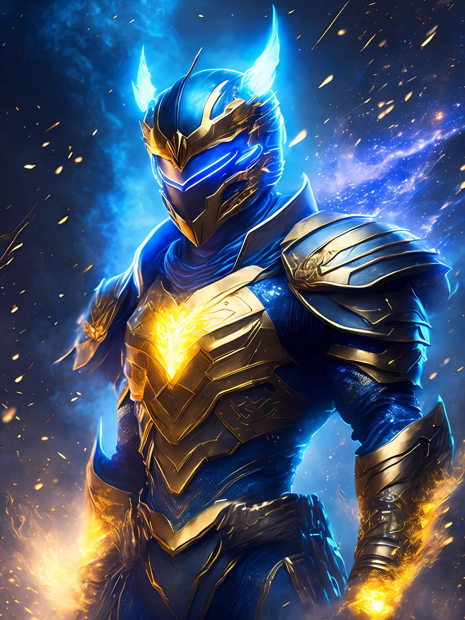 gloomy portrait of Gold Ranger Horseman of the Apocalypse from Power Rangers, extremely detailed, futuristic cityscape, nighttime, glowing neon lights, smoke, sparks, metal shavings, flying debris, blue energy effects, volumetric light