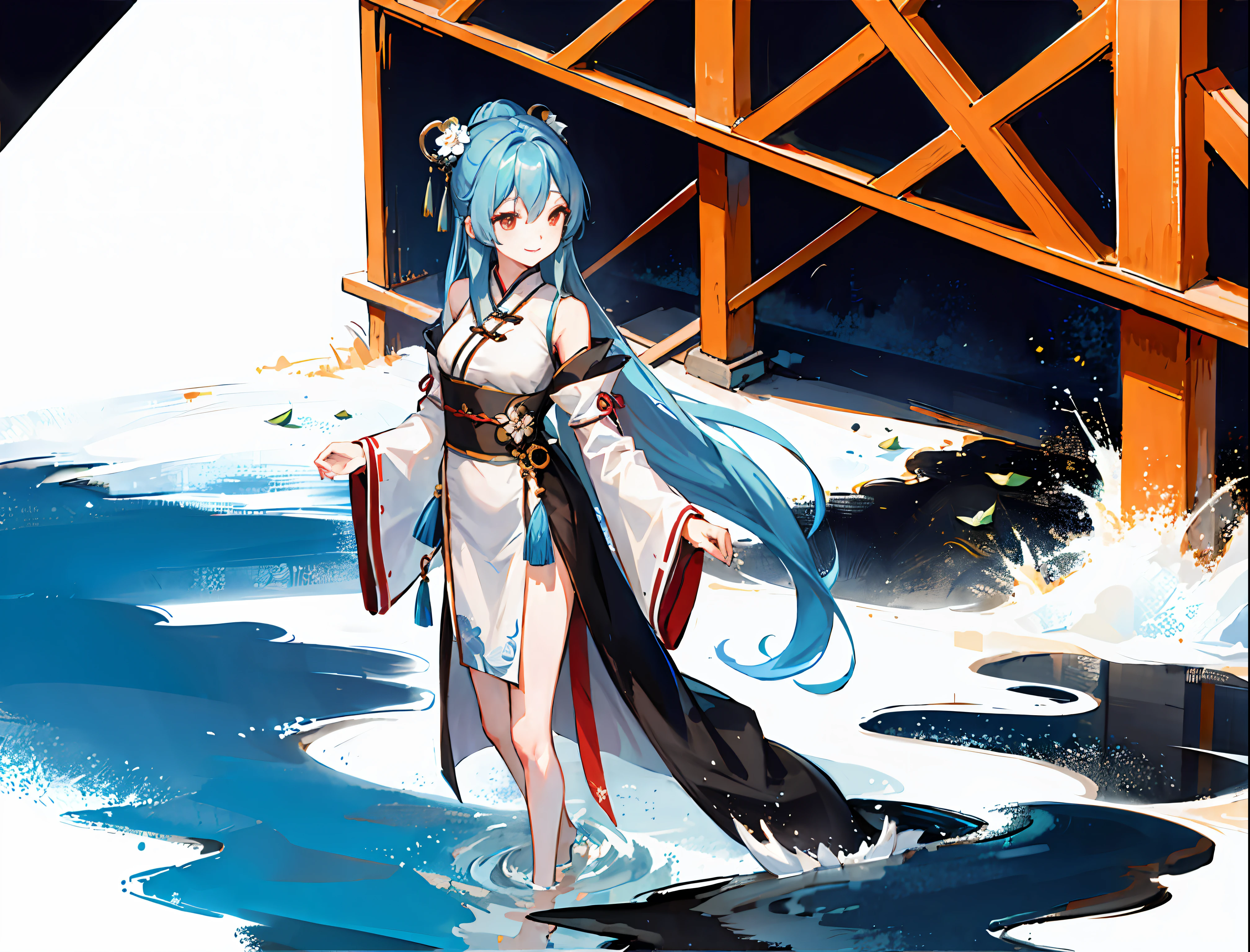 ((4k,masterpiece,best quality)), shuimobysim, traditional chinese ink painting, lotus, hanfu, maxiskit, dress conservatively 1girl, solo, long blue hair, smile, standing, feet in the water, barefoot,