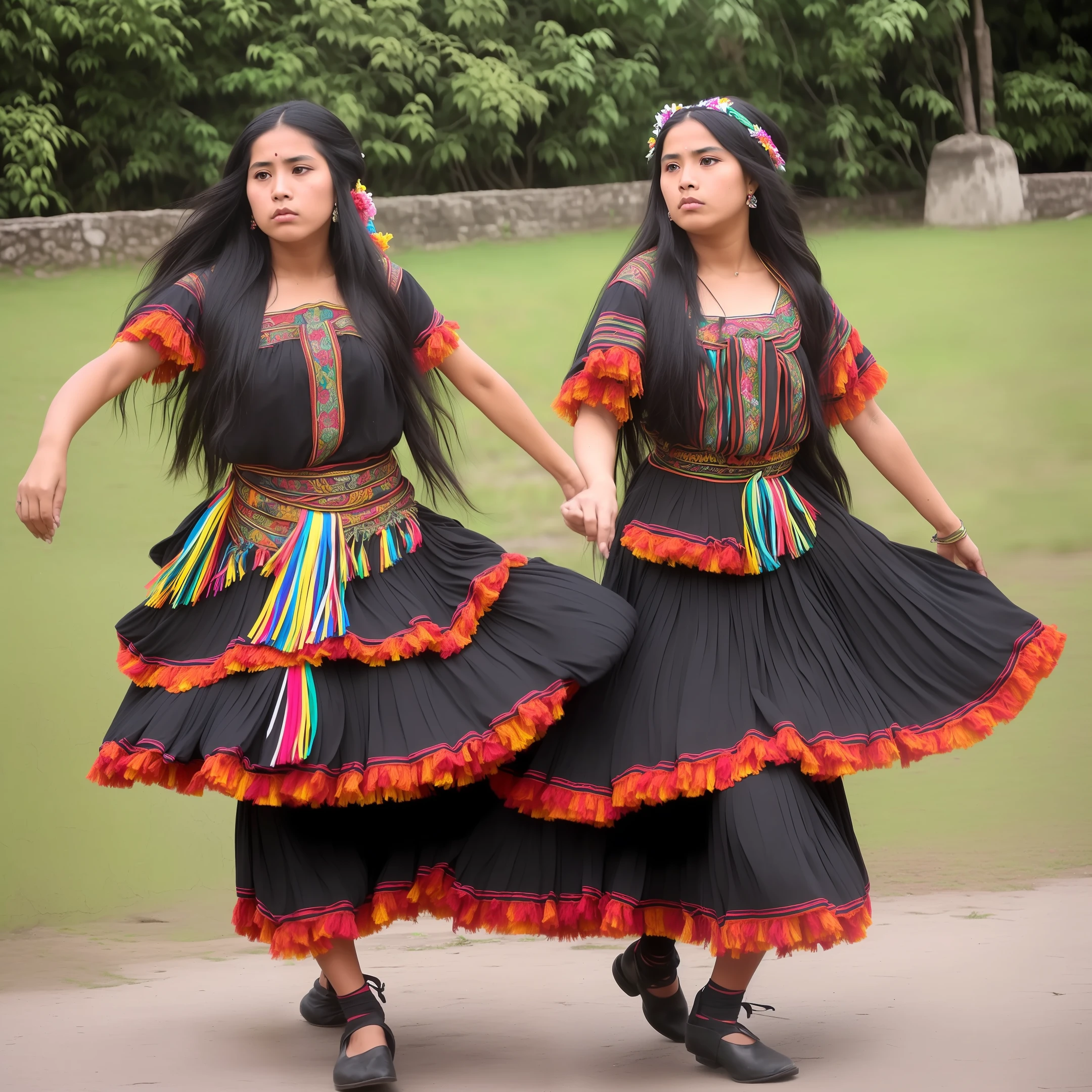 Beauty with semi-long black hair dancing Guatemalan dance