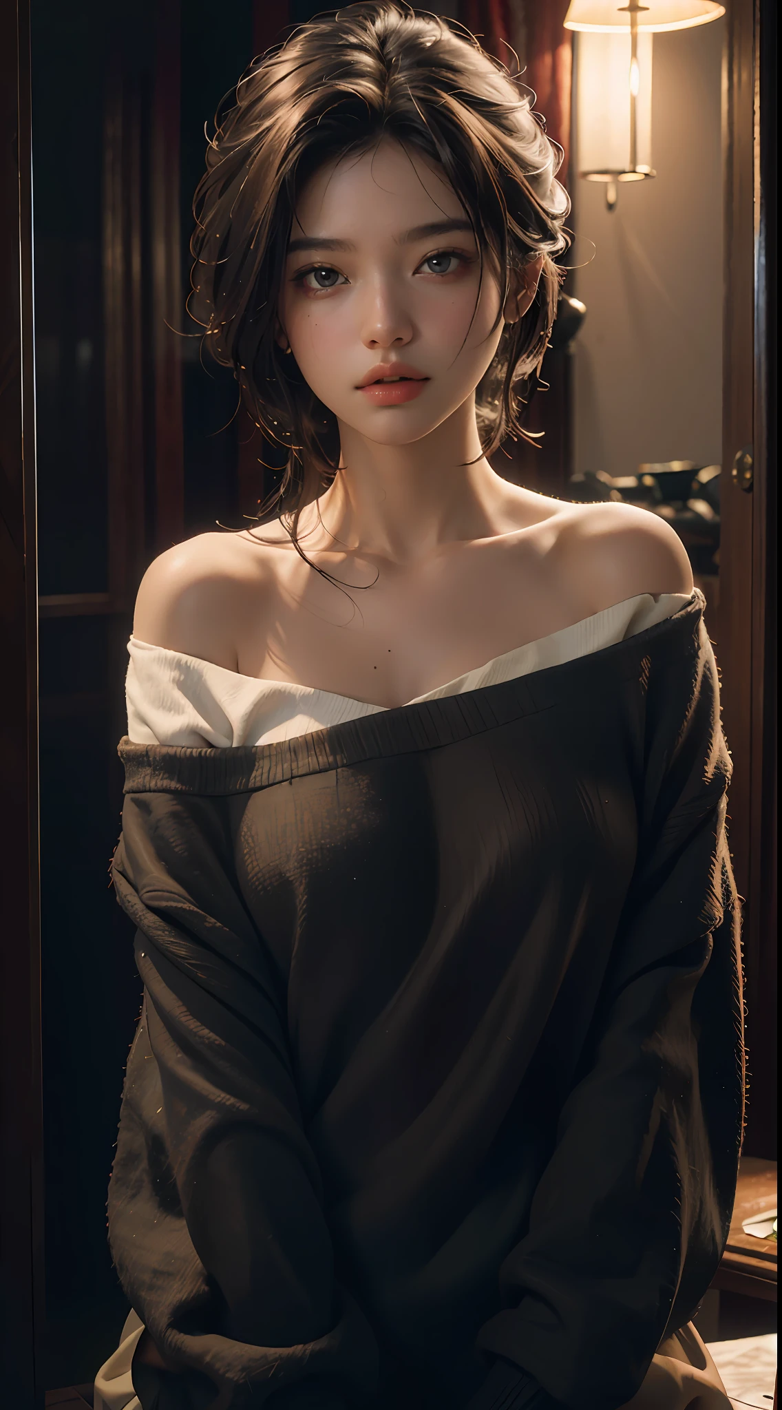 Best quality, masterpiece, ultra high res, (photorealistic:1.4), raw photo, 1girl, off shoulder, cinematic lighting