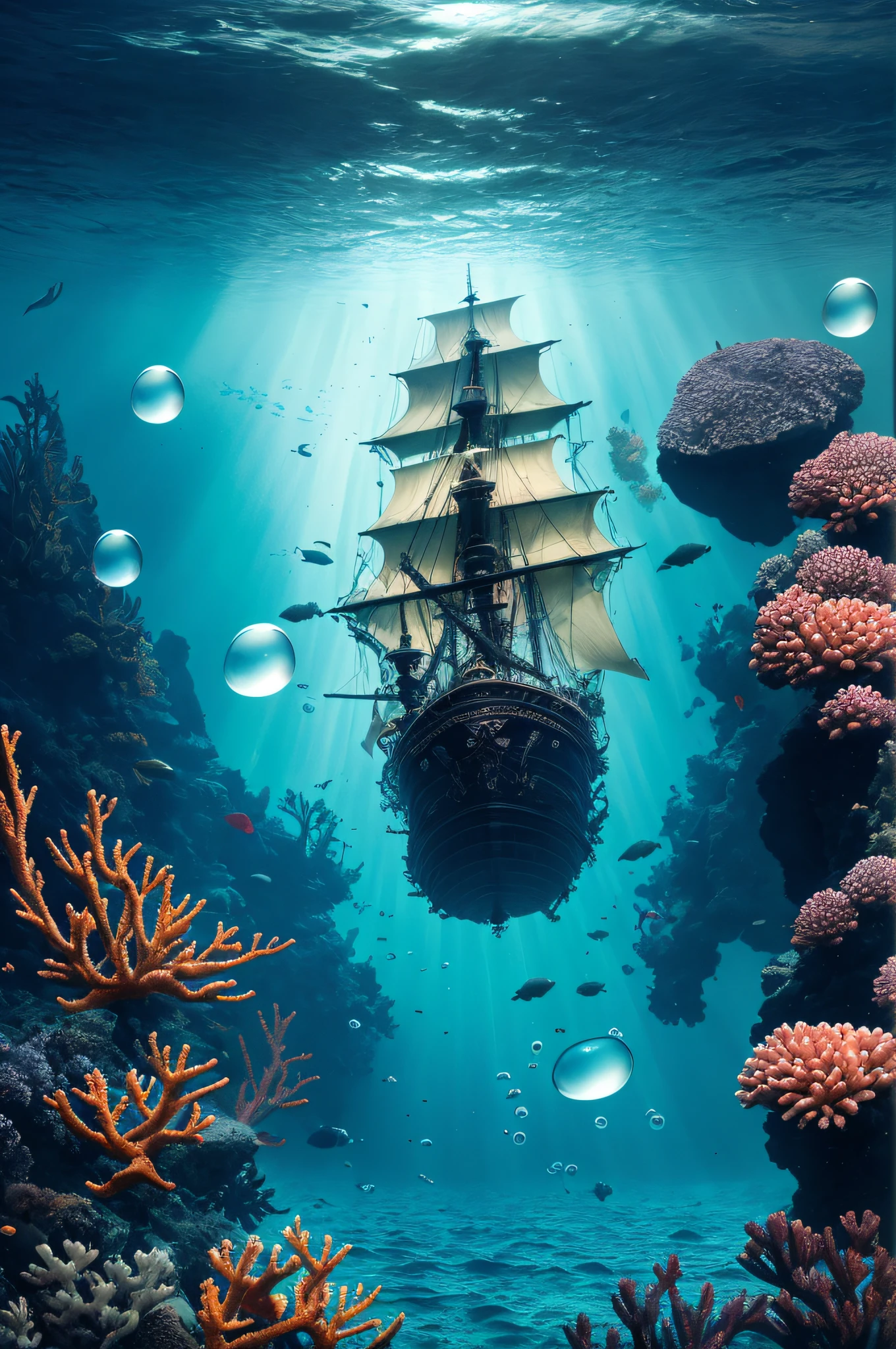 Dark tones, deep darkness, light in the dark, masterpiece, best quality, high quality, very detailed CG, very detailed, intricate, high detail, dramatic light and shadow, art and masterpiece, 8k, deep underwater world, dim Colors, a beam of light on a boat, seabed rocks, sand and gravel, dark background with several air bubbles, transparent air bubbles, refraction and reflection of air bubbles, --v 6