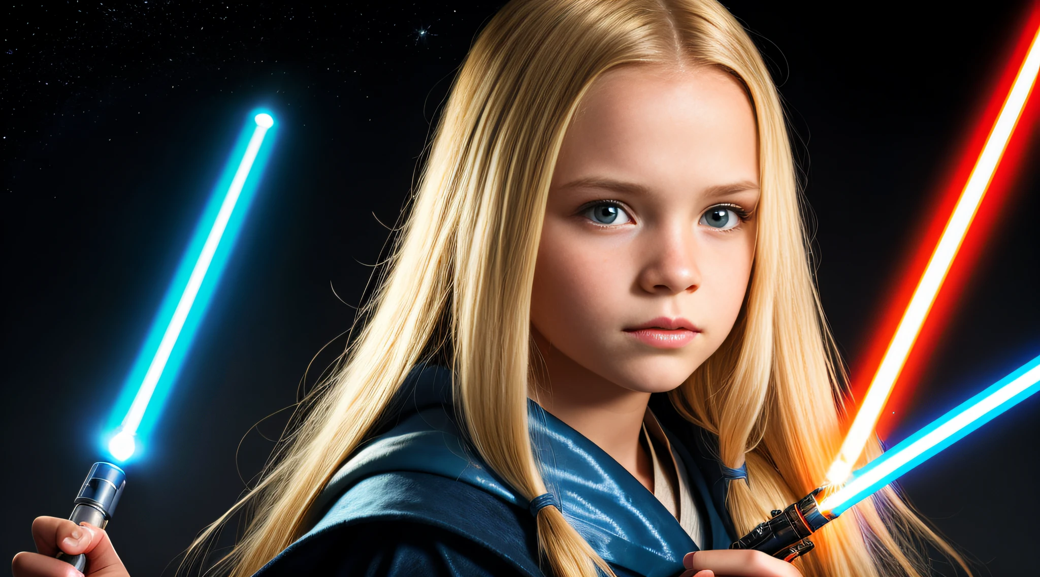 10 year old girl, blonde straight hair very long, PORTRAIT STYLE, CLOSE UP, is with a lightsaber in hand, Jedi with lightsaber, a Christian Jedi, Cal Kestis Lightsaber wallpaper, with lightsaber sword, with lightsaber, in a Star Wars sequel, Jedi Master, as a Sith Lord.