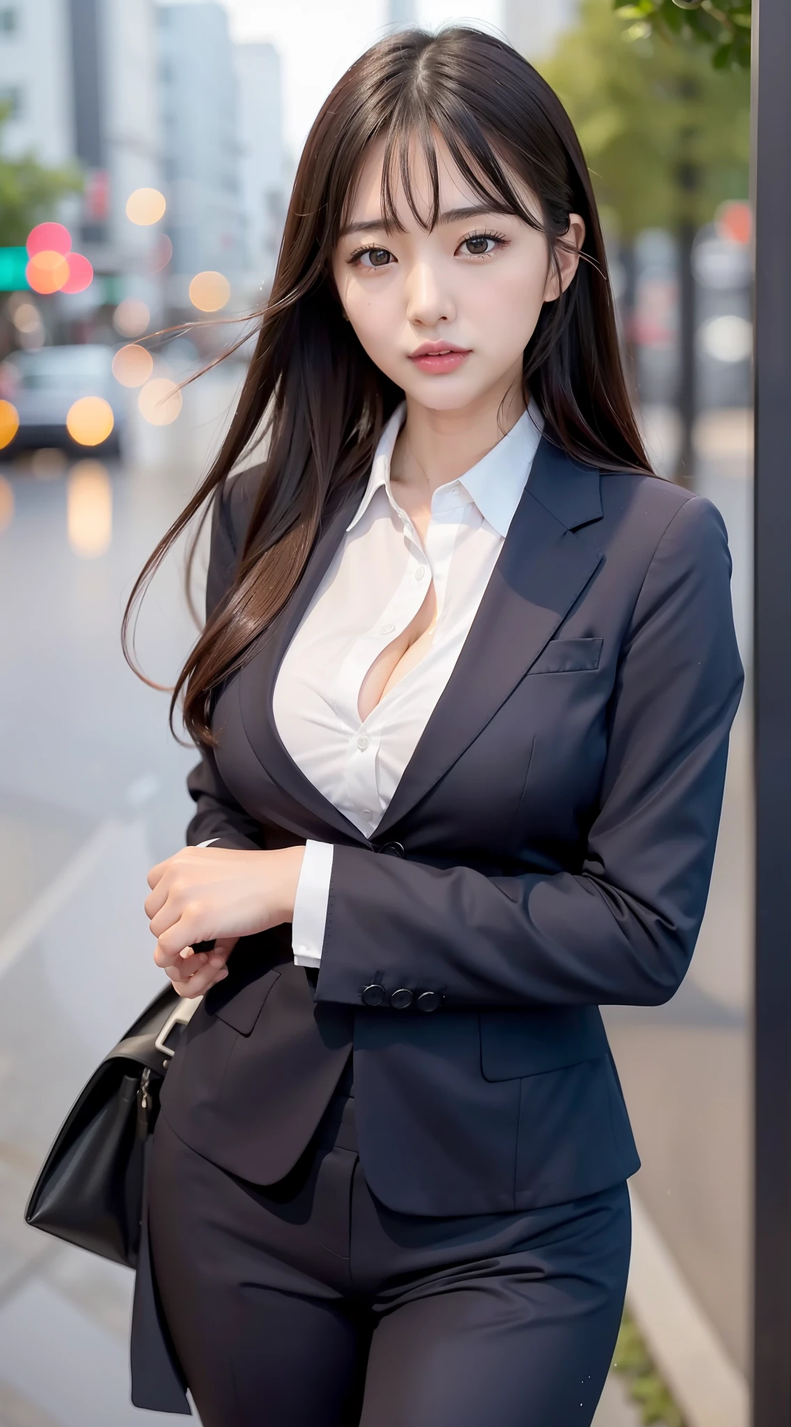 Japan girl, girl in her twenties, just good breasts, perfect breasts, perfect skin, wet hair, perfect, dark hair, brown eyes, office lady, navy suit up and down, white shirt, rain, gloss, luminous, city, cleavage,