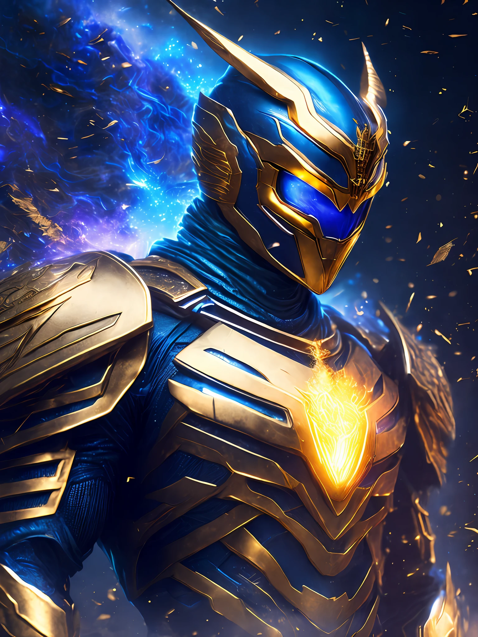 gloomy portrait of Gold Ranger Horseman of the Apocalypse from Power Rangers, extremely detailed, futuristic cityscape, nighttime, glowing neon lights, smoke, sparks, metal shavings, flying debris, blue energy effects, volumetric light