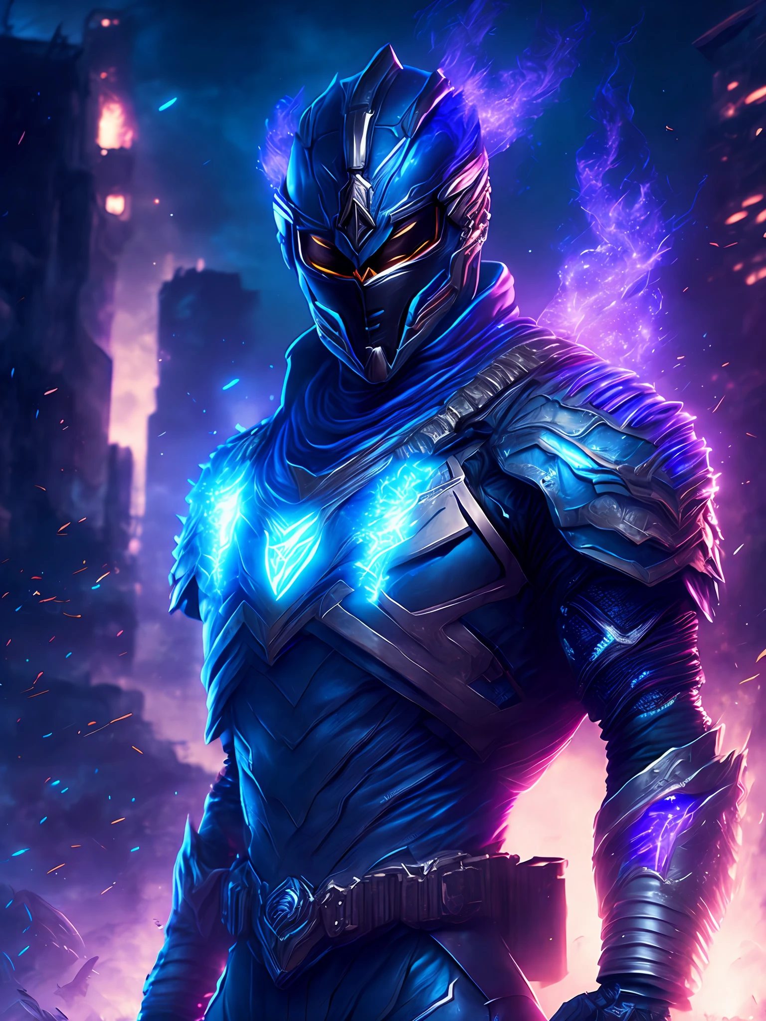 gloomy portrait of Zombie Black Ranger from Power Rangers, extremely detailed, futuristic cityscape, nighttime, glowing neon lights, smoke, sparks, metal shavings, flying debris, blue energy effects, volumetric light