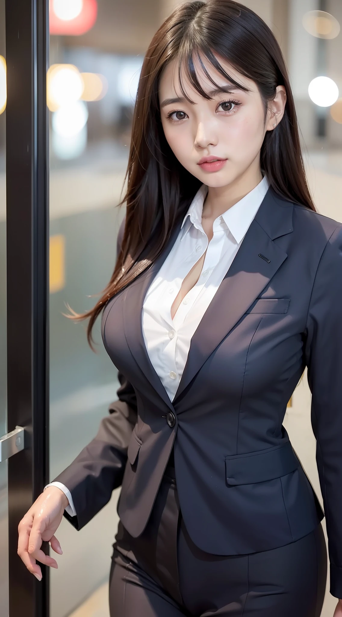 Japan girl, girl in her twenties, just good breasts, perfect breasts, perfect skin, wet hair, perfect, dark hair, brown eyes, office lady, navy suit up and down, white shirt, rain, gloss, luminous, city, cleavage,