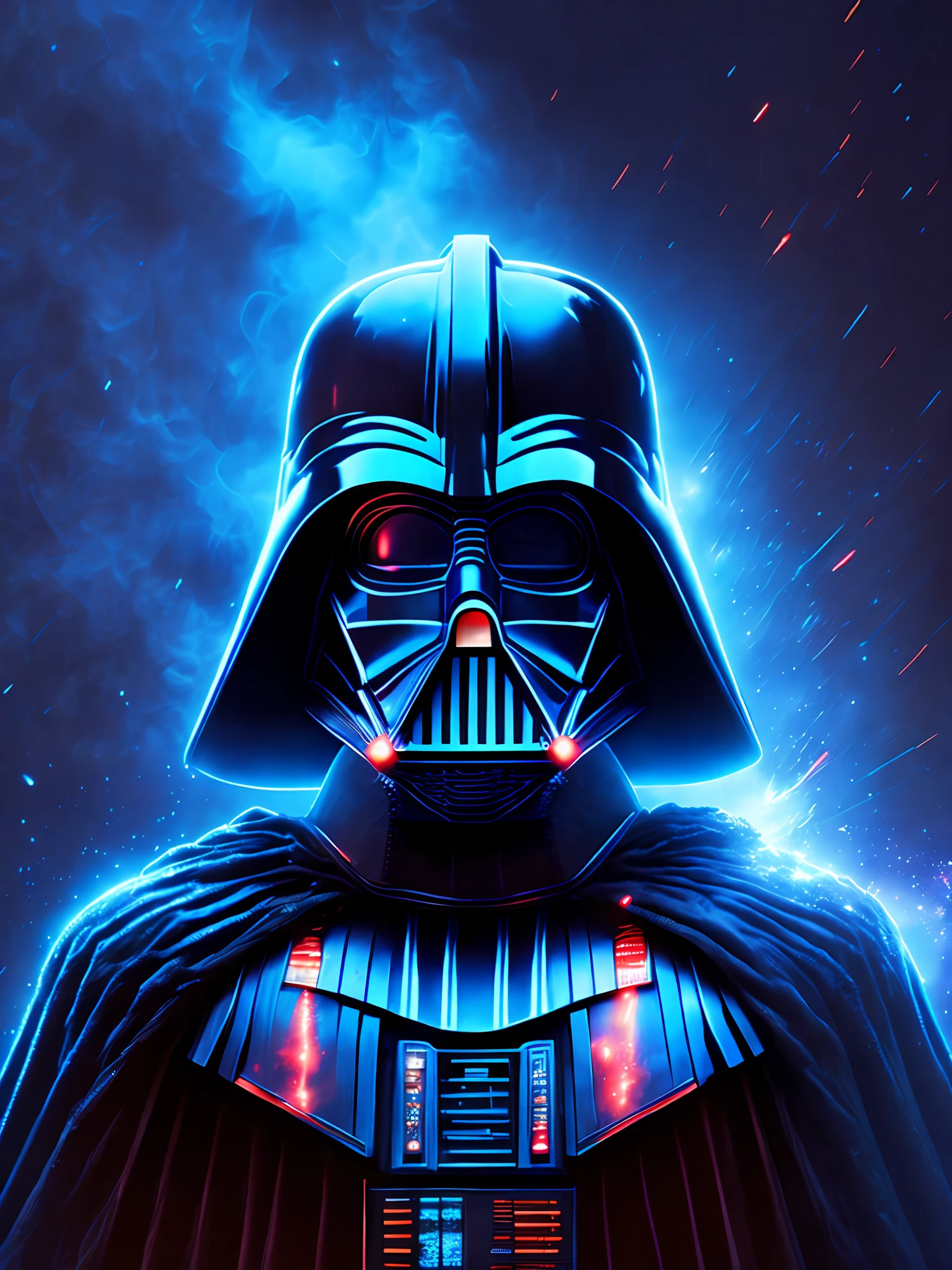 gloomy portrait of Darth Vader from Star Wars, extremely detailed, futuristic cityscape, nighttime, glowing neon lights, smoke, sparks, metal shavings, flying debris, blue energy effects, volumetric light