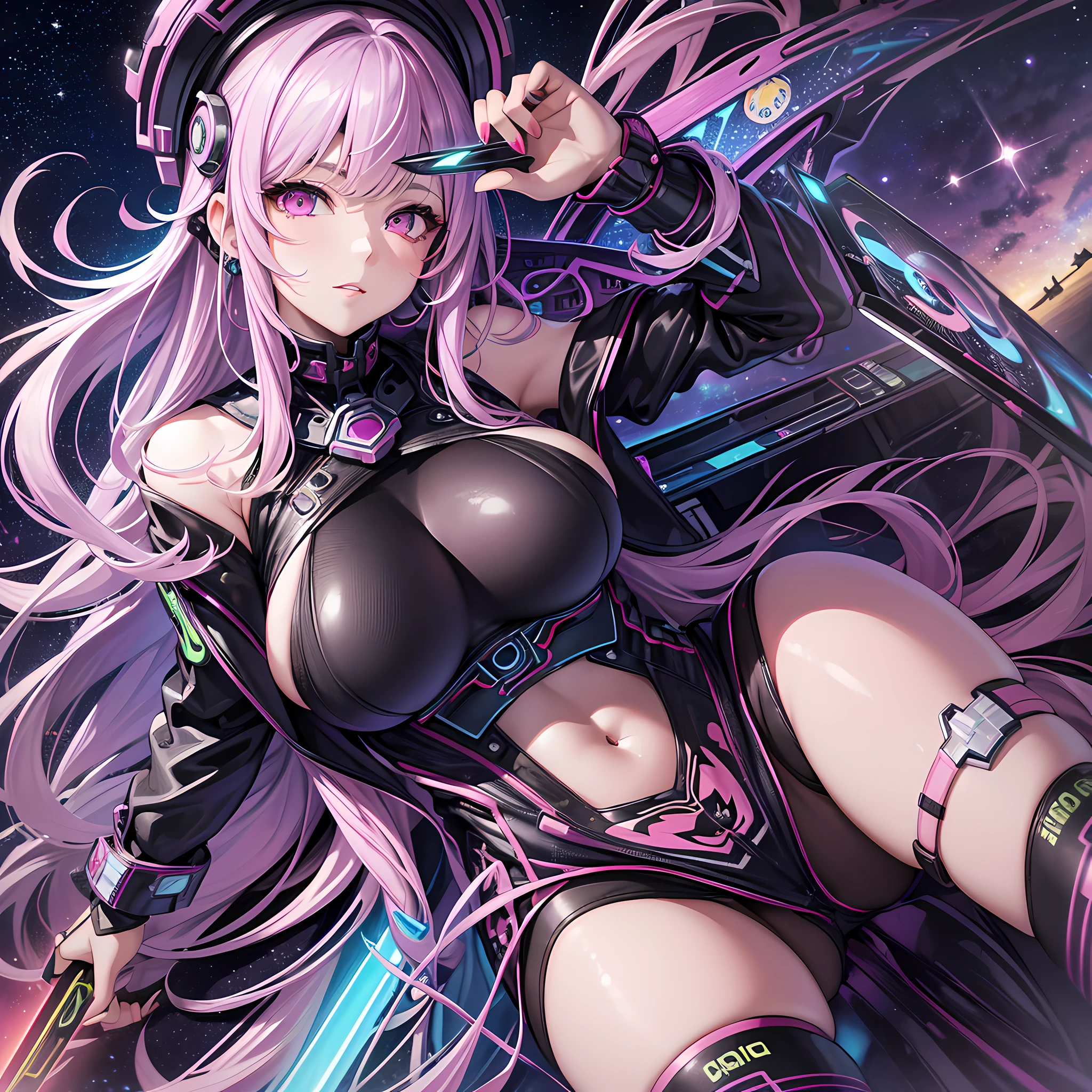 (ultra detailed background, detailed background), absurd, highres, ultra detailed, extremely detailed, 1girl, (nsfw: 1.5), (zentangle: 1.2), (geometric: 1.2), (colorful), (1girl), (sexy girl), alone, (((detailed face and eyes))),((pink eyes)),((long straight loose hair)),((light purple hair)),galactic girl, galaxy, planets, starry sky, space, stars, ((technology boots)),((fluorescent clothing, neon color)),((red sword)), 8k, high quality, full HD, busty, curvaceous