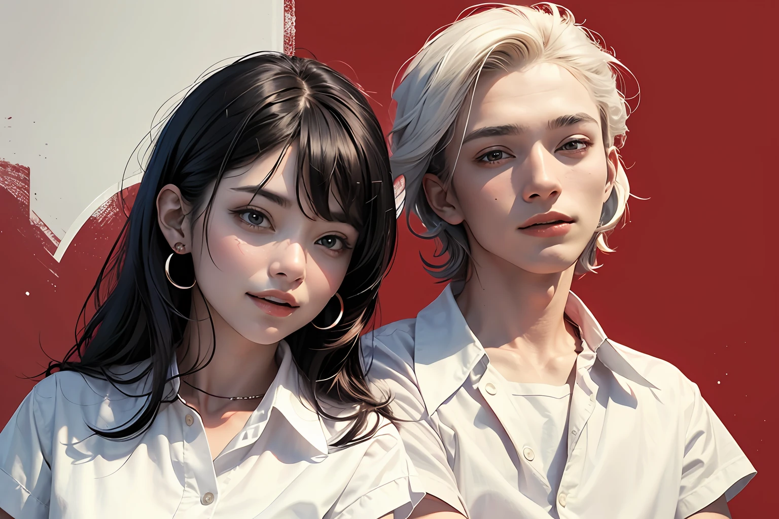 Red background, lady wearing white shirt with joy on the right side of shirt collar, men's white shirt with joy on the left side of shirt collar, two people sitting side by side, lady on the left, man on the right --auto --s2