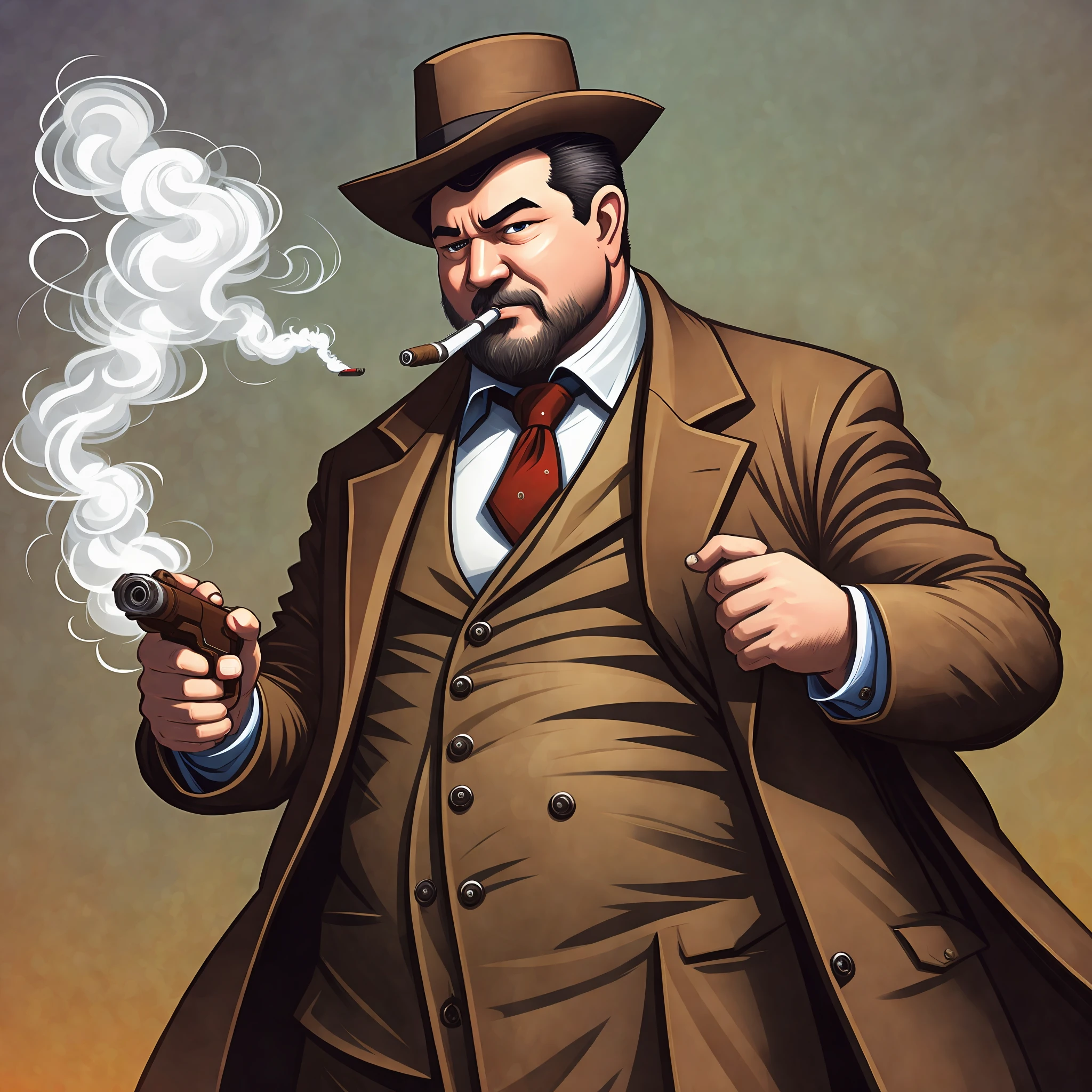 Artwork, illustration, man, fat, wearing a brown overcoat, with smoke behind him, he's holding a gun in his hand, and smoking a cigar, detailed image. --auto --s2
