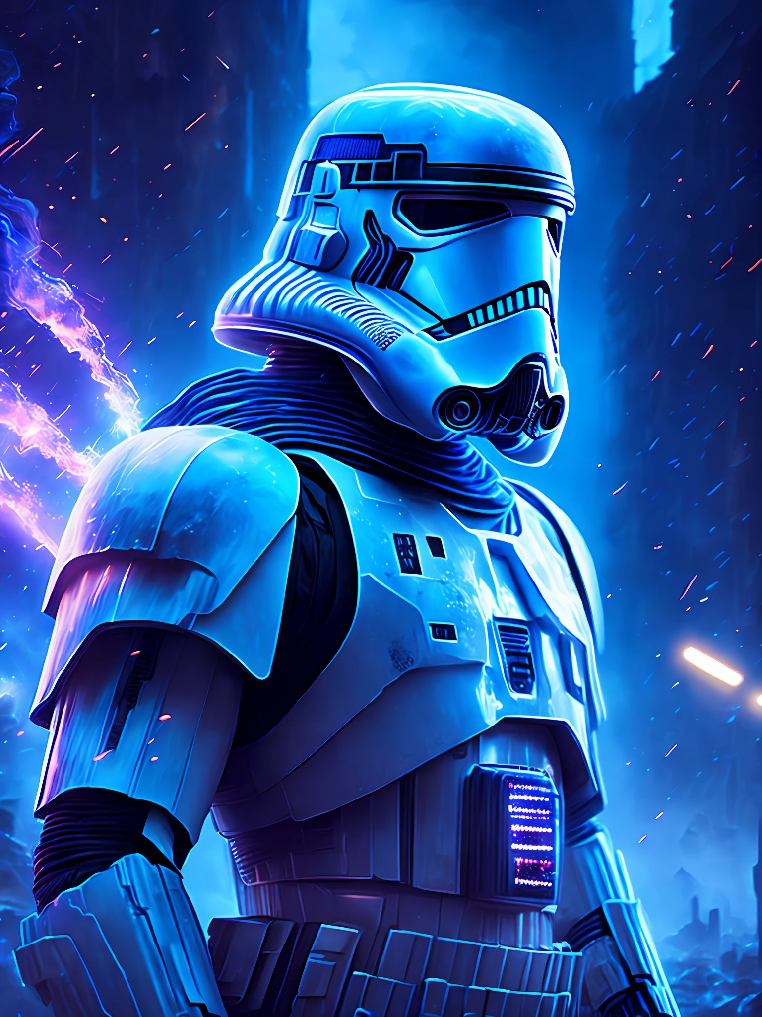 gloomy portrait of Stormtrooper from Star Wars, extremely detailed, futuristic cityscape, nighttime, glowing neon lights, smoke, sparks, metal shavings, flying debris, blue energy effects, volumetric light