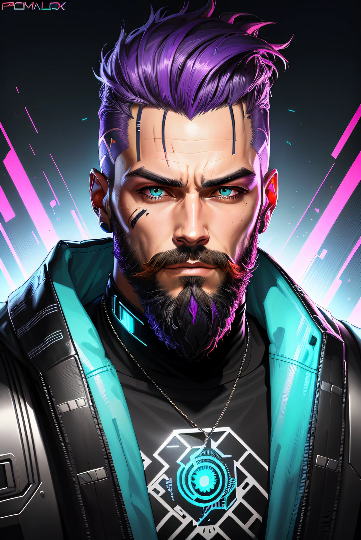 A man with a beard, cyberpunk art, funk art, stunning gradient colors, stylized portrait h 704, pompadour, Twitch streamer, cool colors. insanely detailed, T-800, no watermark signature, in color