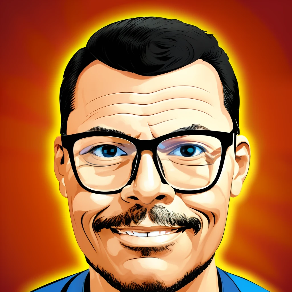 guttonerdvision4, portrait in illustration of a man with glasses, slight smile. Illustration in comic book style strokes, with black outline strokes. Psychedelic backdrop with blur