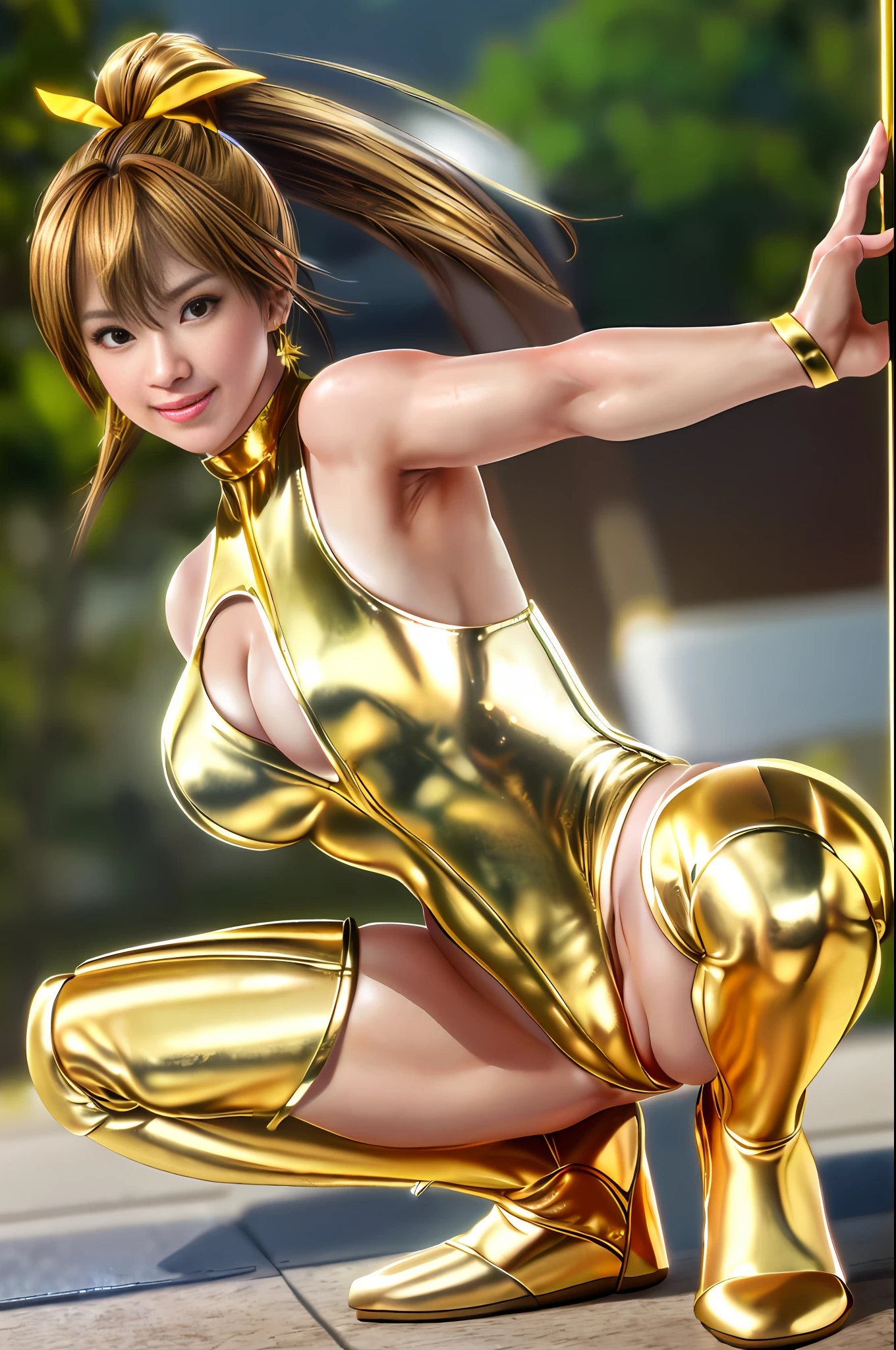 Masterpiece, Best Picture Quality, Best Quality, 8k Quality, 1 Girl, Haze, Smile, Embarrassing, Blushing, A Little Light Brown Hair, One Long Ponytail, Yellow Ribbon at the Base of the Ponytail, Little Big, Golden Metallic, Sleeveless, High-Neck Competitive Swimsuit, High Leg, ((((Strong penetration into the crotch))), Golden Metallic Knee High Stockings, Golden metallic pin heels, (squatting on the ground), (crotch wide open from side to side)), legs open, (arms raised), (hands folded behind the head), (showing off armpits)), staring at the viewer, ((face the viewer)))), (crotch wide open to the viewer))), poolside, professional lighting, ((shooting from the front of the body))