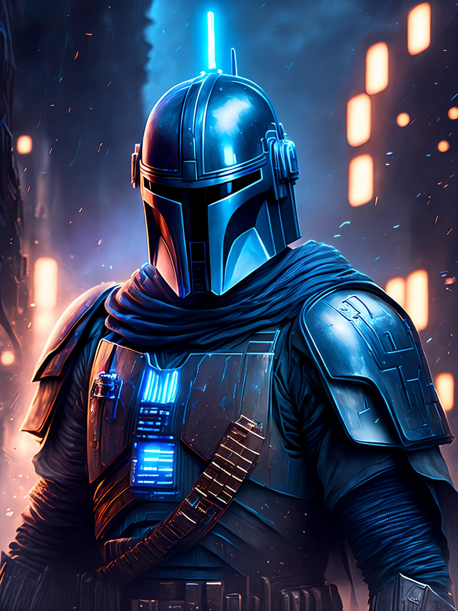 gloomy portrait of Mandalorian from Star Wars, extremely detailed, futuristic cityscape, nighttime, glowing neon lights, smoke, sparks, metal shavings, flying debris, blue energy effects, volumetric light