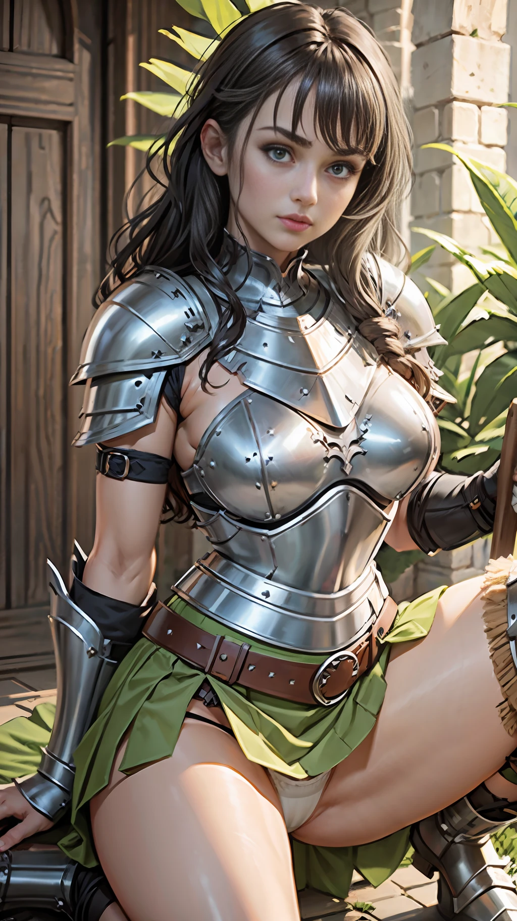 Warrior brunette, costume, best quality, 8k, wallpaper, hyper detailed, hyper realistic, plate armor, short skirt, skirt lifted, green skirt, white panties, thong, panties appearing, dark hair, wavy hair, realistic, D&D, crouched, cameltoe, pantyshot, open legs, legs apart, upskirt, Steel gauntlets, steel boots, steel breastplate, RAW,