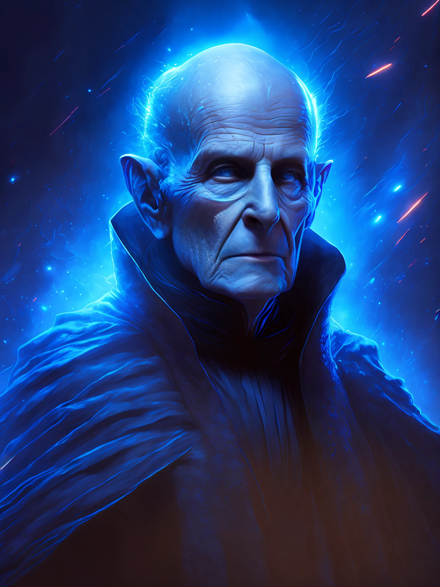 gloomy portrait of Sheev Palpatine from Star Wars, extremely detailed, futuristic cityscape, nighttime, glowing neon lights, smoke, sparks, metal shavings, flying debris, blue energy effects, volumetric light