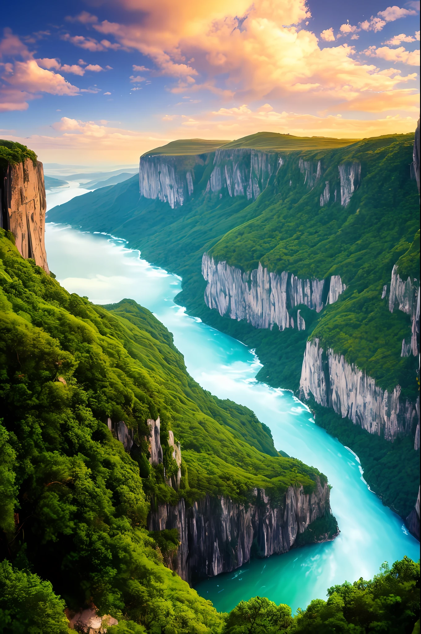Masterpiece, ultimate quality, Cg unity 8k wallpaper, super delicate, beautiful sky and clouds, rich natural scenery, cliffs, lakes and rivers, waterfalls and flying water, beautiful green mountains, no trace of people, excellent scenery, has already won a photo contest, background Blurring, full depth of field, HDR high dynamics, true restoration, intricate, extreme details, dramatic presentation, perfectly presenting the style of midjourney art.