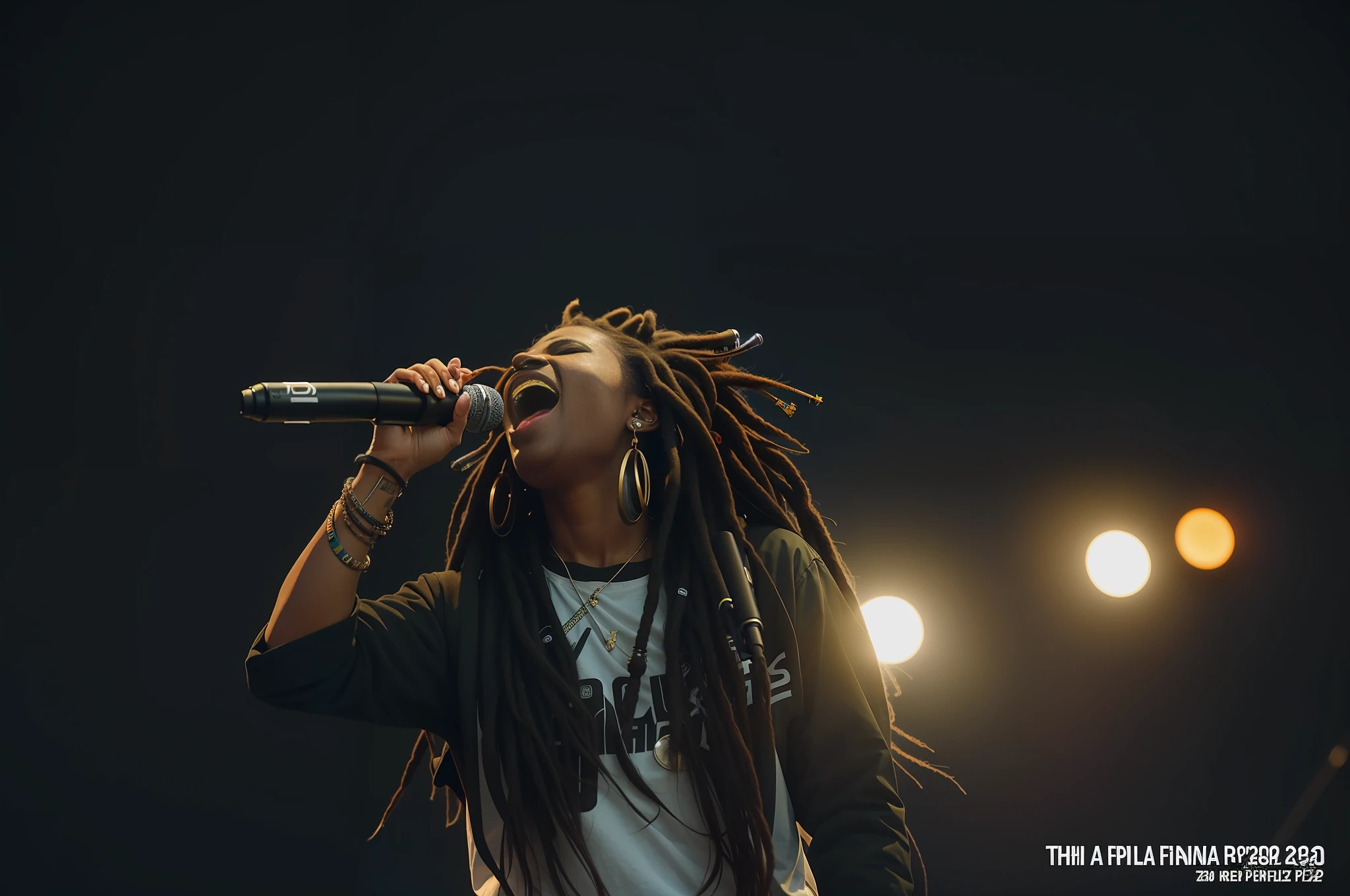 arafed woman with dreadlocks singing into a microphone, concert photography, live concert photography, vocalist, by Eddie Mendoza, shot on sony a 7 iii, shot on sony a 7, shot with canon eoa 6 d mark ii, performing on stage, rapping on stage at festival, by Amelia Peláez, taken in 2 0 2 0, concert photo