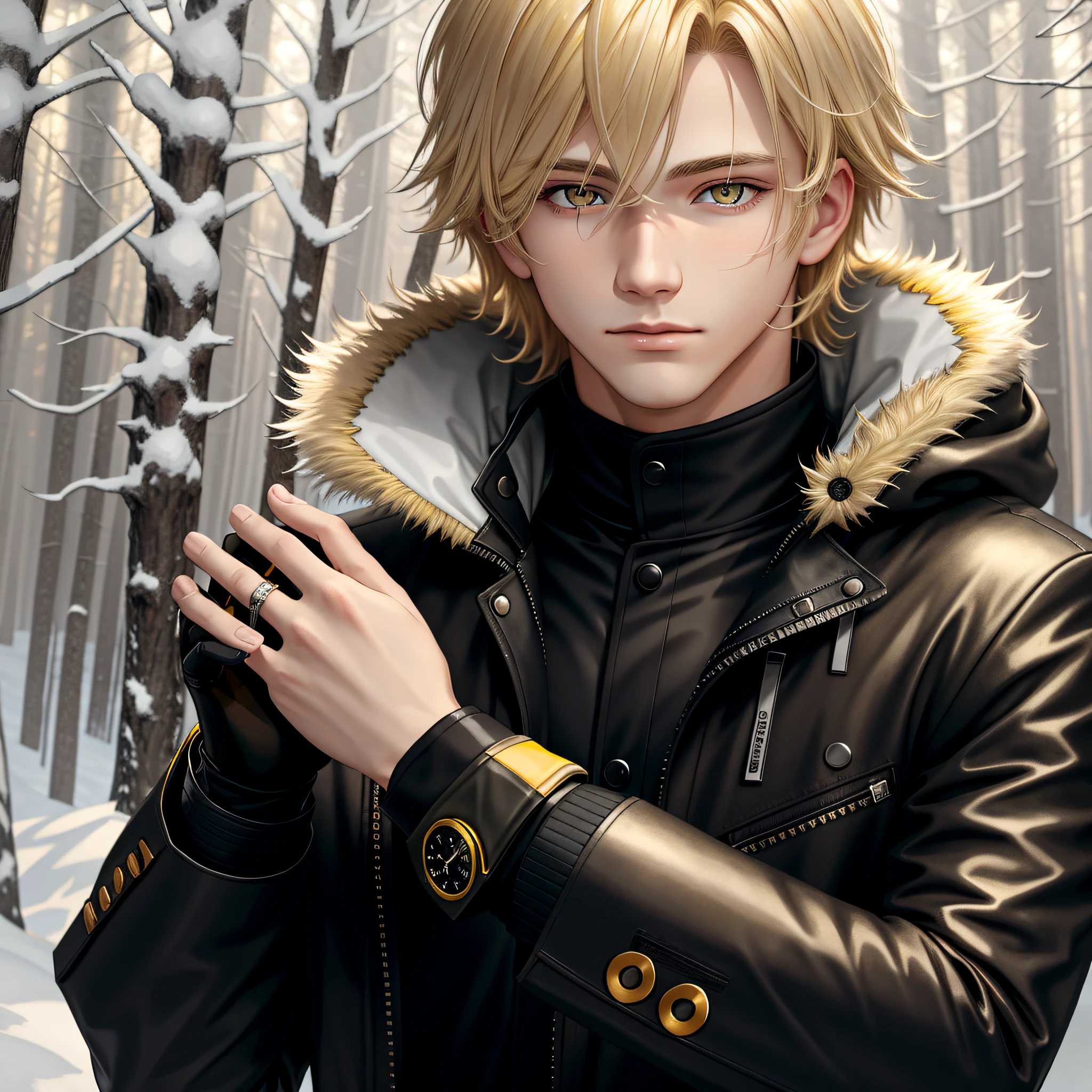 best quality, masterpiece, wallpaper, a guy with blonde hair, solo, yellow_eyes, detailed, face_focus, dawn, snowy forest, gray and black clothes, gloves