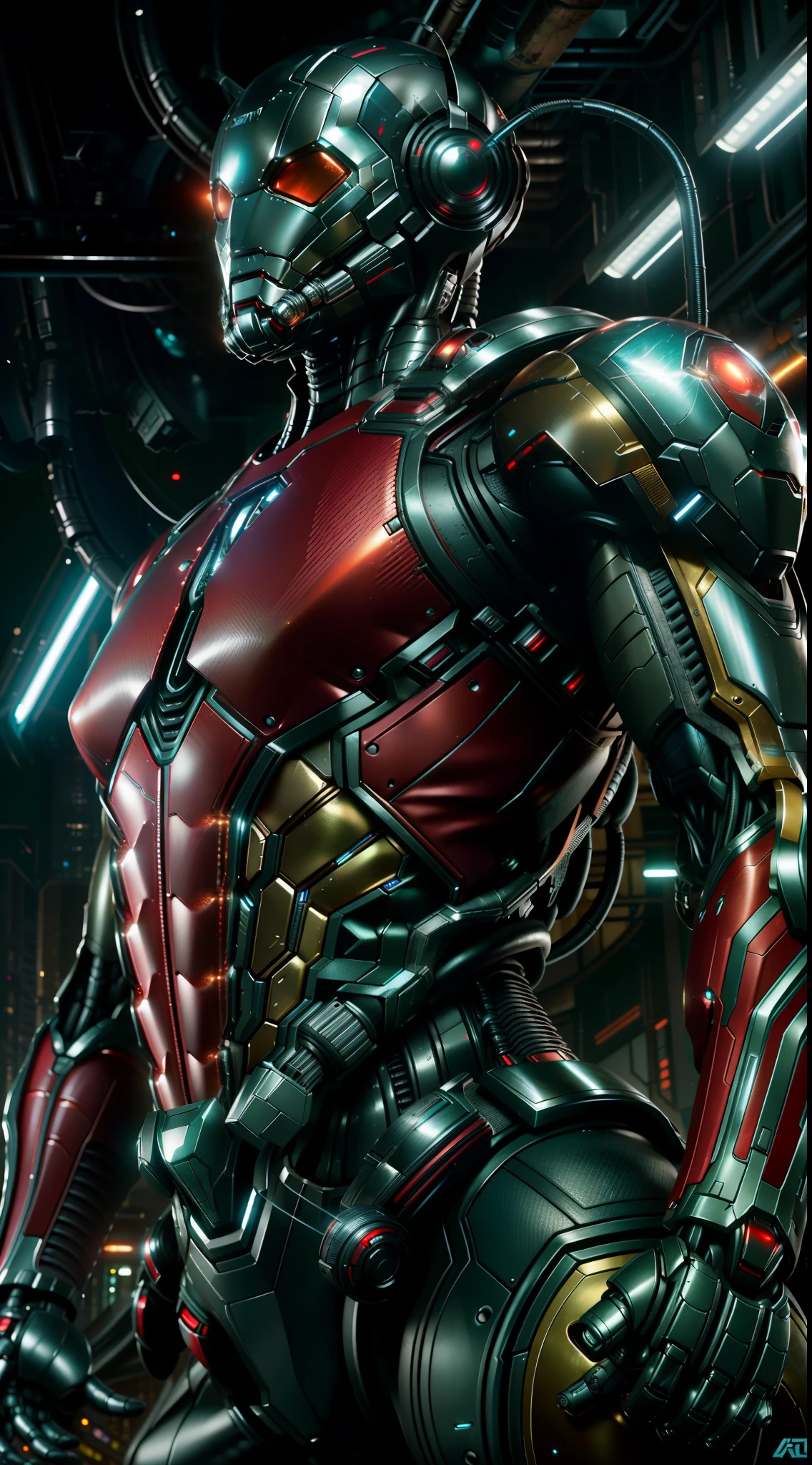 Ant-Man from Marvel photography, biomechanical, complex robot, full growth, hyper-realistic, insane small details, extremely clean lines, cyberpunk aesthetic, a masterpiece presented at Zbrush Central