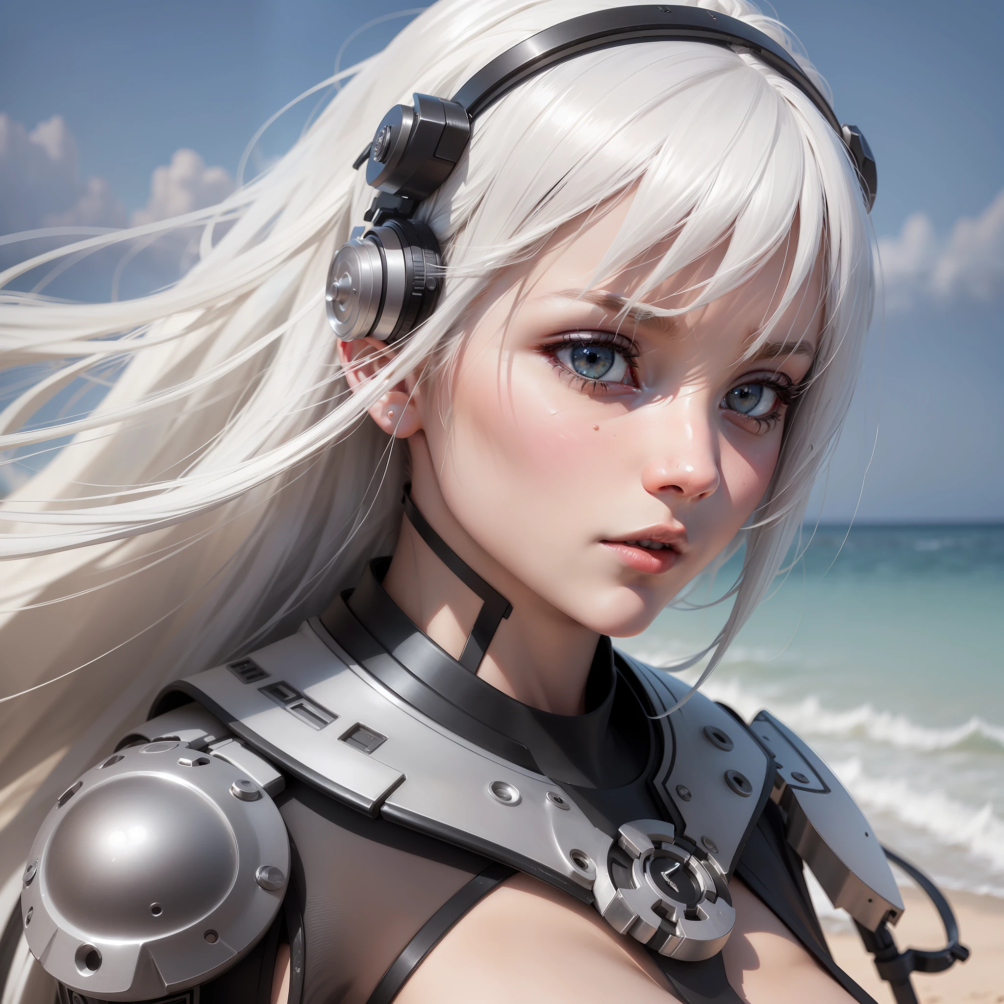Create a realistic photo of a 4O year old cyborg lady, white hair, in white colors and black details, on a beach. (8k wallpaper of extremely detailed CG unit), photo of the most beautiful artwork in the world, majestic professional (photography with 8k uhd, dslr, soft lighting, high quality, film grain, sharp focus Fujifilm XT3, f 5.6, high detail, sharp focus, dramatic, (looking at the viewer: 1.2), (detailed students: 1.3), (natural light), Size