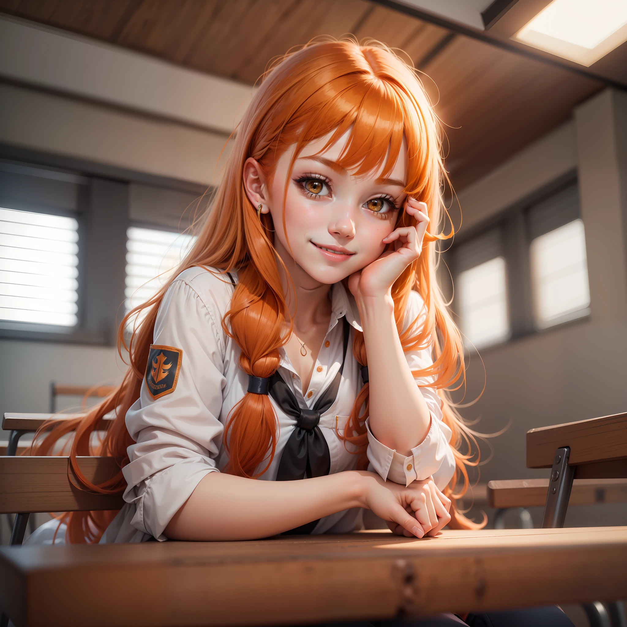 Girl Smile Girl Girl Perfect Beauty Perfect Masterpiece School Ultra High Resolution Girl Girl Orange Hair Long Hair