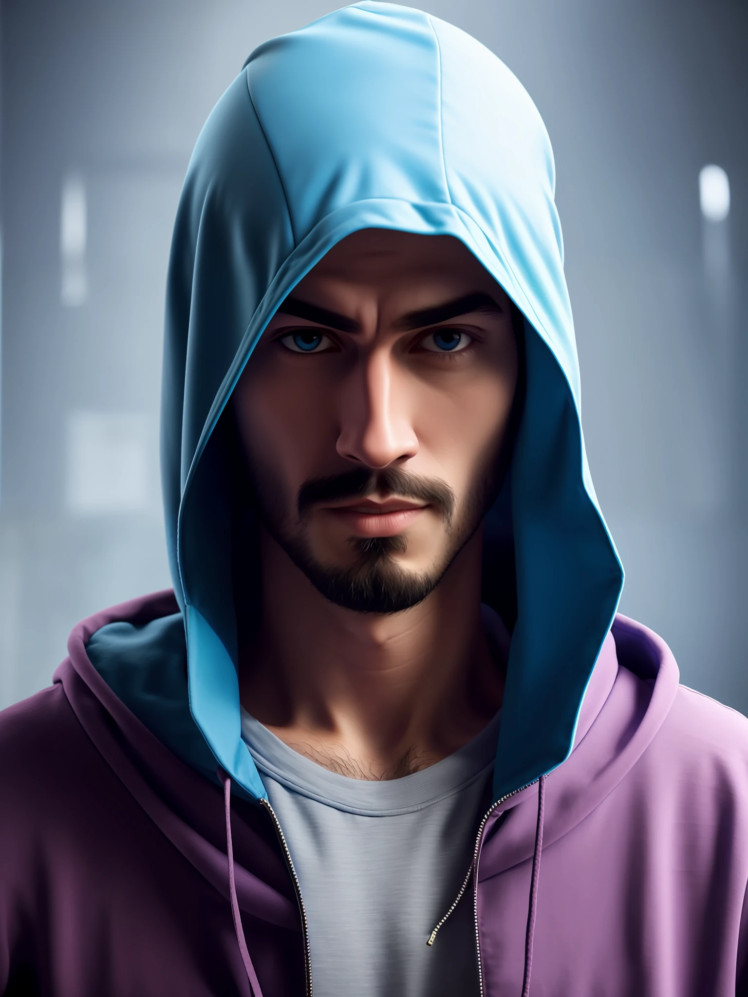 Mysterious style, close-up of a person with blue hood and tight beard