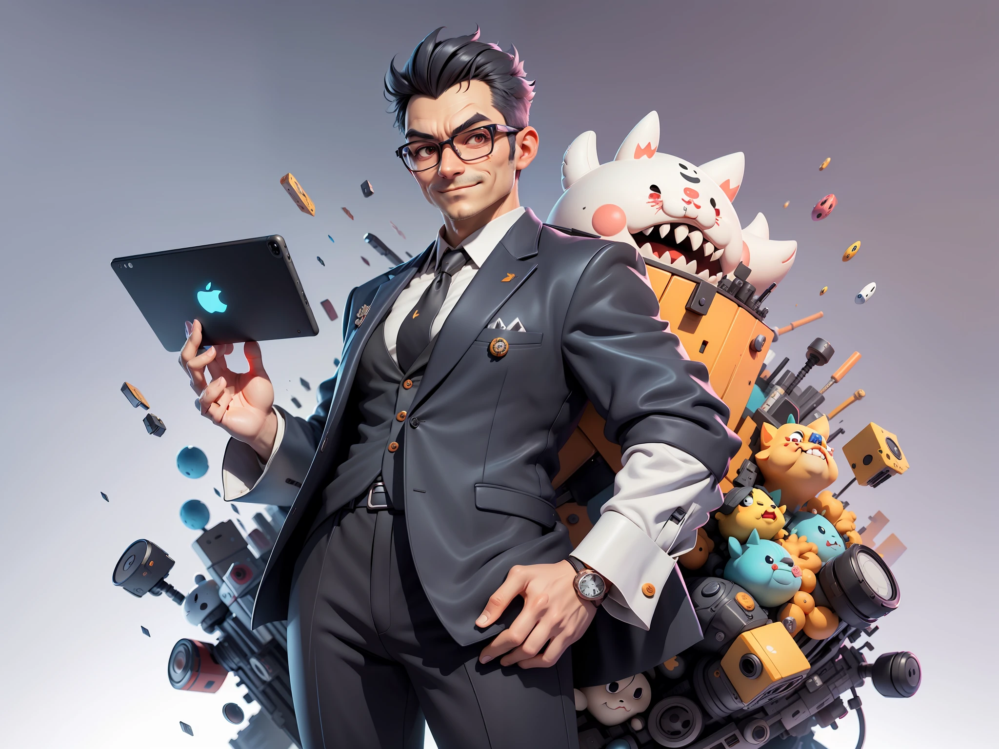 (Masterpiece), (Excellent), (Super Meticulous), (Full Body: 1.2), Super Young Man, Oriental Face, TV Anchor, Bust Portrait Illustration, Alone, Black Suit, Blue Tie, Silver Glasses, Slightly Chubby Face, Very Clean Face, No Beard, Black Super Short Hair, Black Eyes, Confident Smile, 3c Computer Sub-Products, iPad, iPhone, Digital Painting, 3D Character Design by Mark Clairen and Pixar and Hayao Miyazaki, the illustration is HD illustration in 4K resolution, With very detailed facial features and cartoon-style visuals.