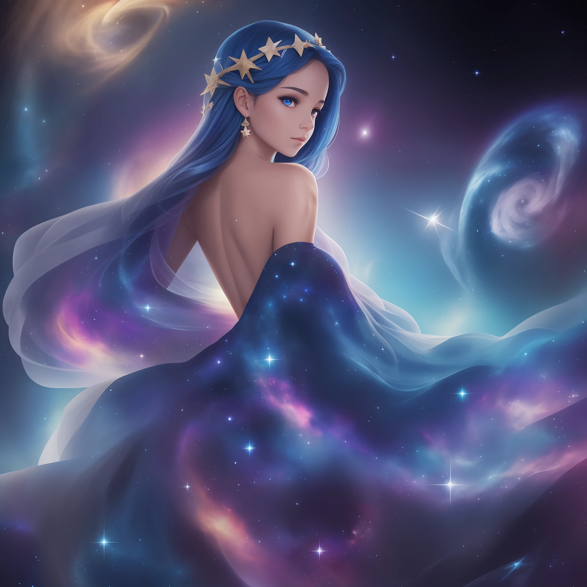 The silhouette of a girl entirely to the hem of the dress from the back from afar, the hem of the dress swirls into space, women in a dress with a blue dress, without a face, the back of the head, full-length, in a dress of stars, in a cosmic dress, the goddess of space and time, the goddess of galaxies, dressed in stars and planets, astral dress, cosmic goddess, magic dress, in space, blue twisted dress, beautiful celestial magician, A goddess of galactic size