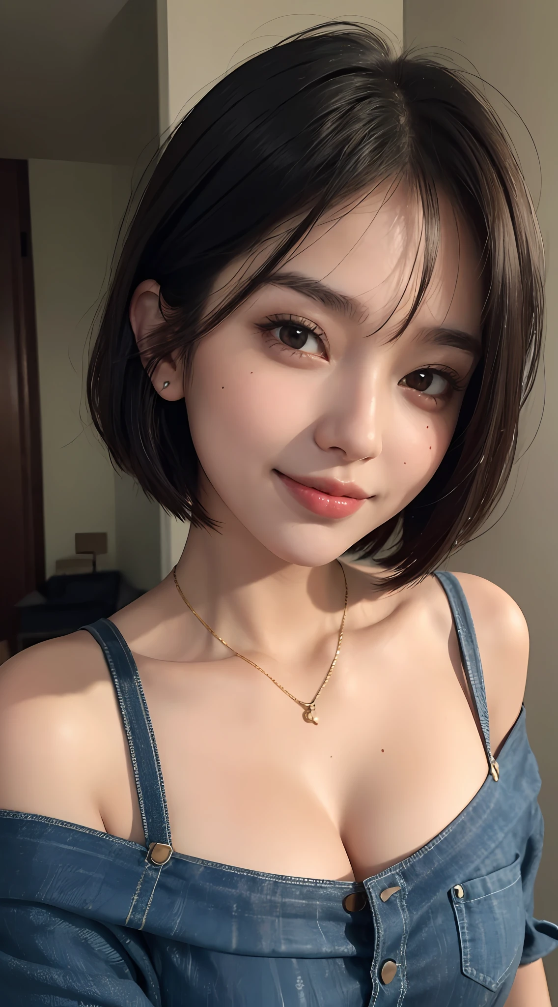 (top quality, 8k, masterpiece: 1.3), pretty woman with perfect figure: 1.4, dark brown hair, big, wearing pendants, torn shorts, sleeping in bedroom, very detailed face and skin, detailed eyes, double eyelids, top quality, masterpiece, (photorealistic: 1.4), one woman, golden ratio, high angle shot, upper eye care, low angle shot, perfect face, beautiful figure, cute face, face close-up, zoom in on face, short bob, short hair, smile from different angles, smile, gloss, highlight, gloss, glossy on skin, glossy on skin, wet skin, wet, bangs, cute smile, bust, off-shoulder, refreshing charm, elegant, perfect hands, smile from angle, smile, shiny, highlight, glossy skin, bangs, bust, big, Warm off-shoulder, refreshing charm, ears out, gaze to the camera, poses at different angles