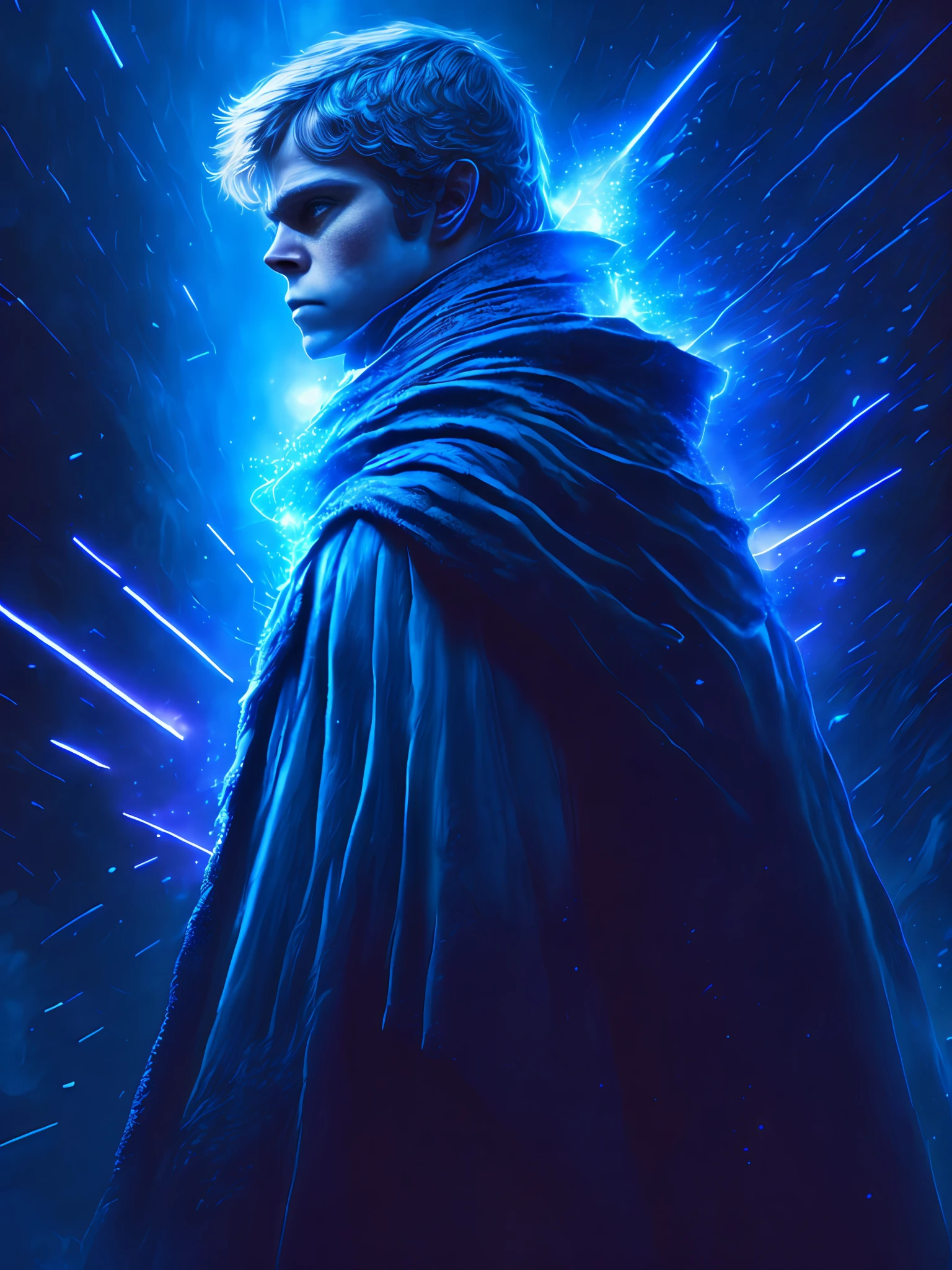 gloomy portrait of Luke Skywalker from Star Wars, extremely detailed, futuristic cityscape, nighttime, glowing neon lights, smoke, sparks, metal shavings, flying debris, blue energy effects, volumetric light