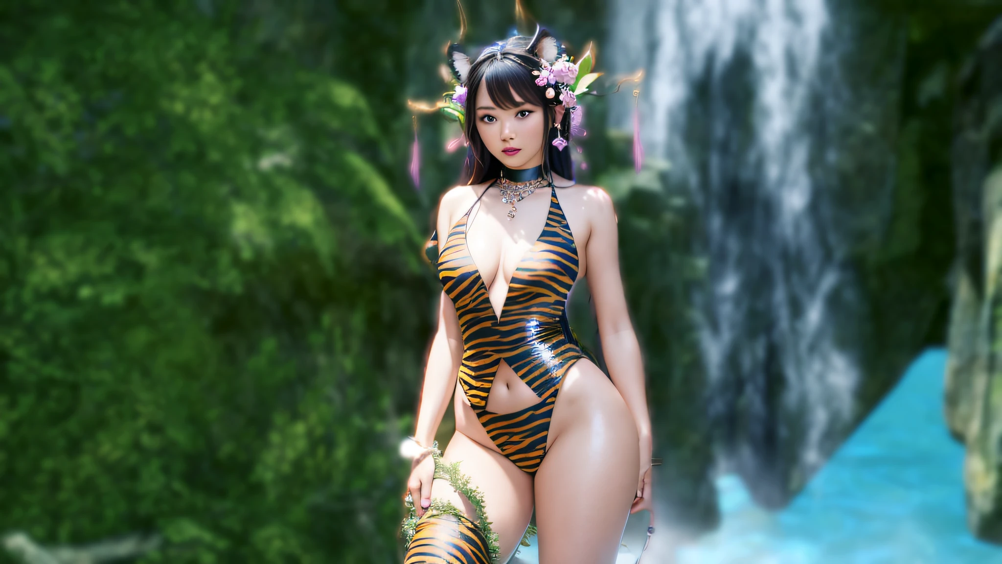 there is a woman in a tiger print swimsuit standing in front of a waterfall, infernal nymph!!!, /!\ the sorceress, asian female water elemental, sfw version, fantasy outfit, fey queen of the summer forest, a beautiful fantasy empress, doing a hot majestic pose, majestic pose, a beautiful sorceress, goddess of the forest