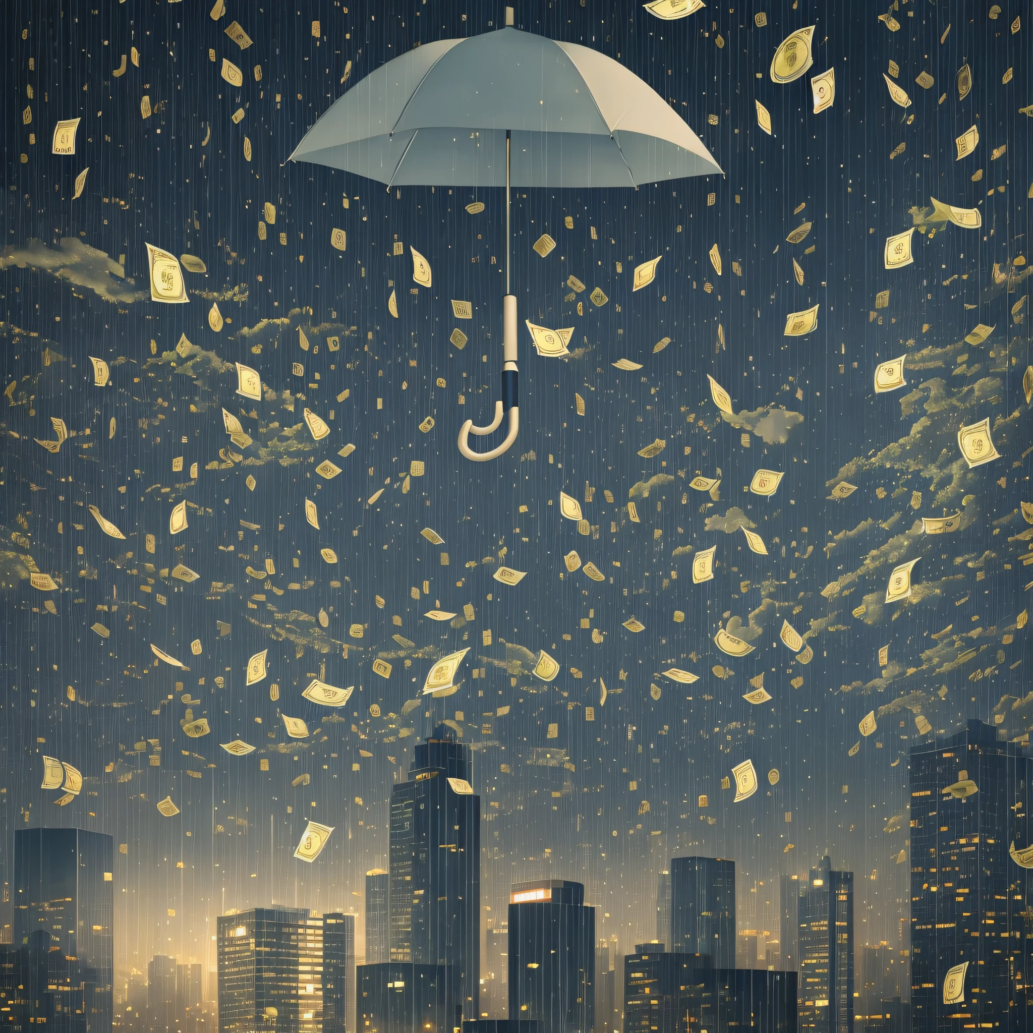 A cloud and a shower of money falling on top of an umbrella one night in an illuminated city. It's all hyper realistic --auto --s2