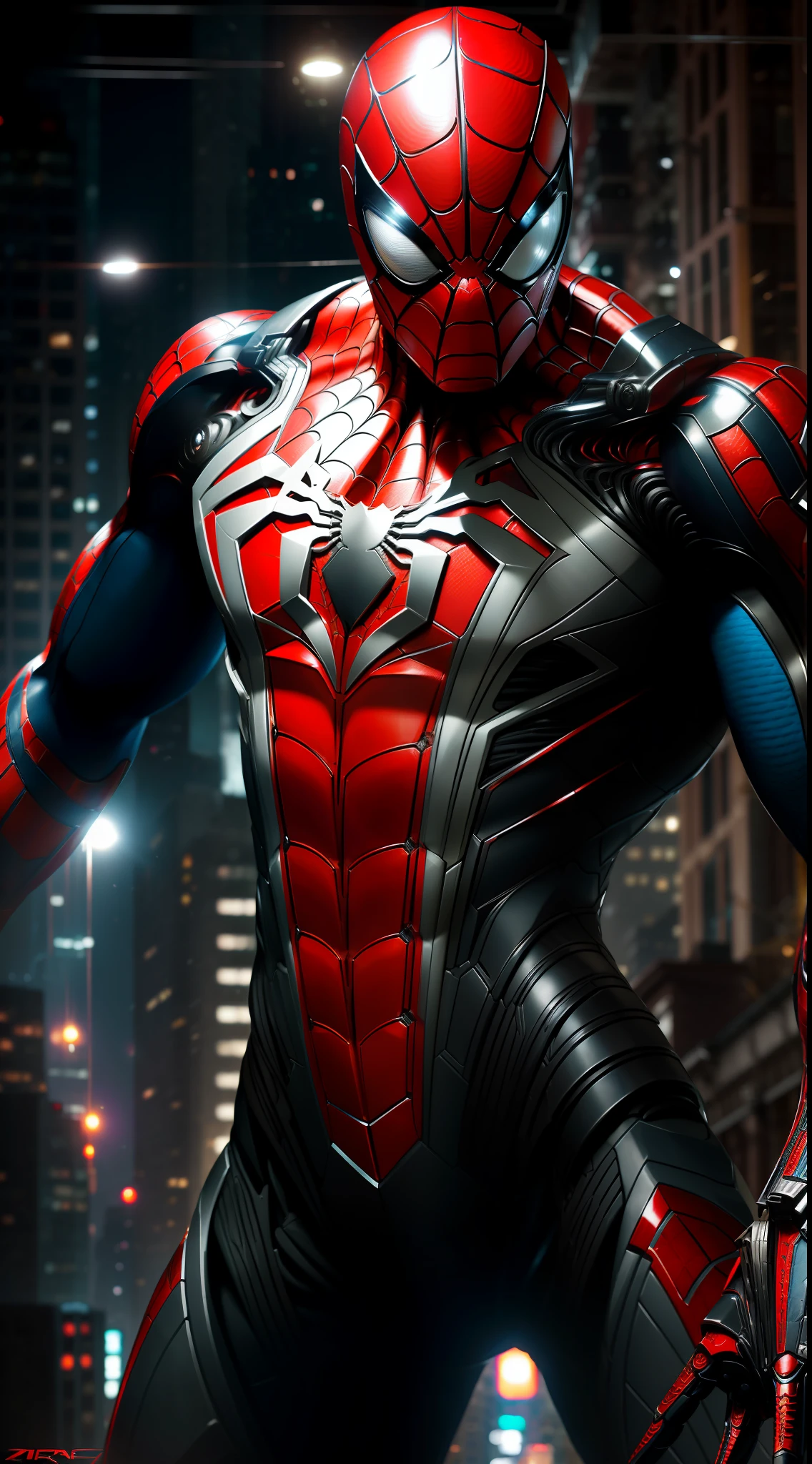 Spider-Man from Marvel photography, biomechanical, complex robot, full growth, hyper-realistic, insane small details, extremely clean lines, cyberpunk aesthetic, a masterpiece presented at Zbrush Central