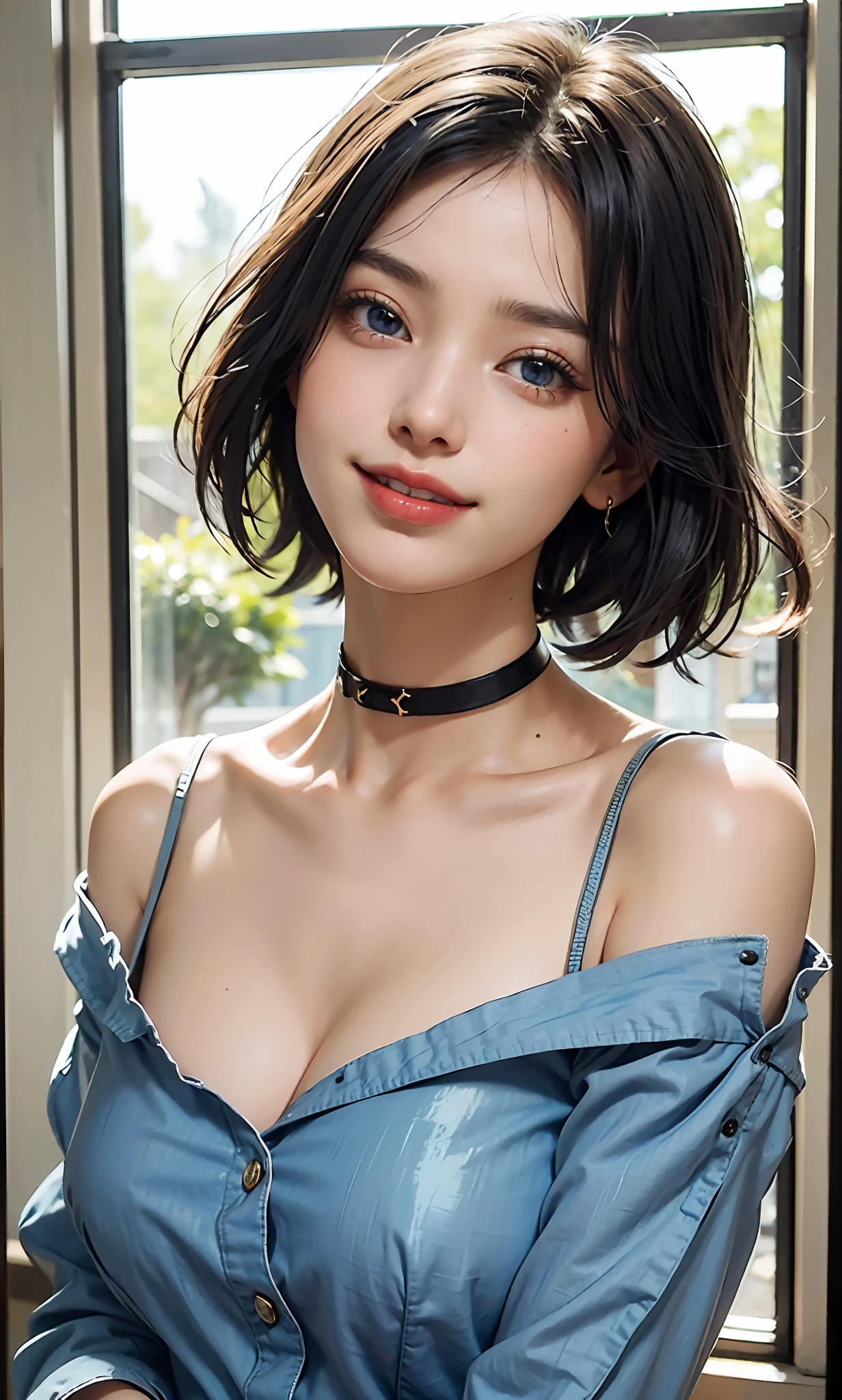 Top Quality, Masterpiece, Short Bob, One Woman, Black Hair, Blue Eyes, Look Up, Upper Body, Golden Proportions, Sheer Shirt, Transparency, Attractive Gaze, Glossy, Clear Double Eyelids, Cute Smile, Smiling, Choker, Big Eyes, Big Breasts, Glossy, Clavicle, Ears Out, Bangs