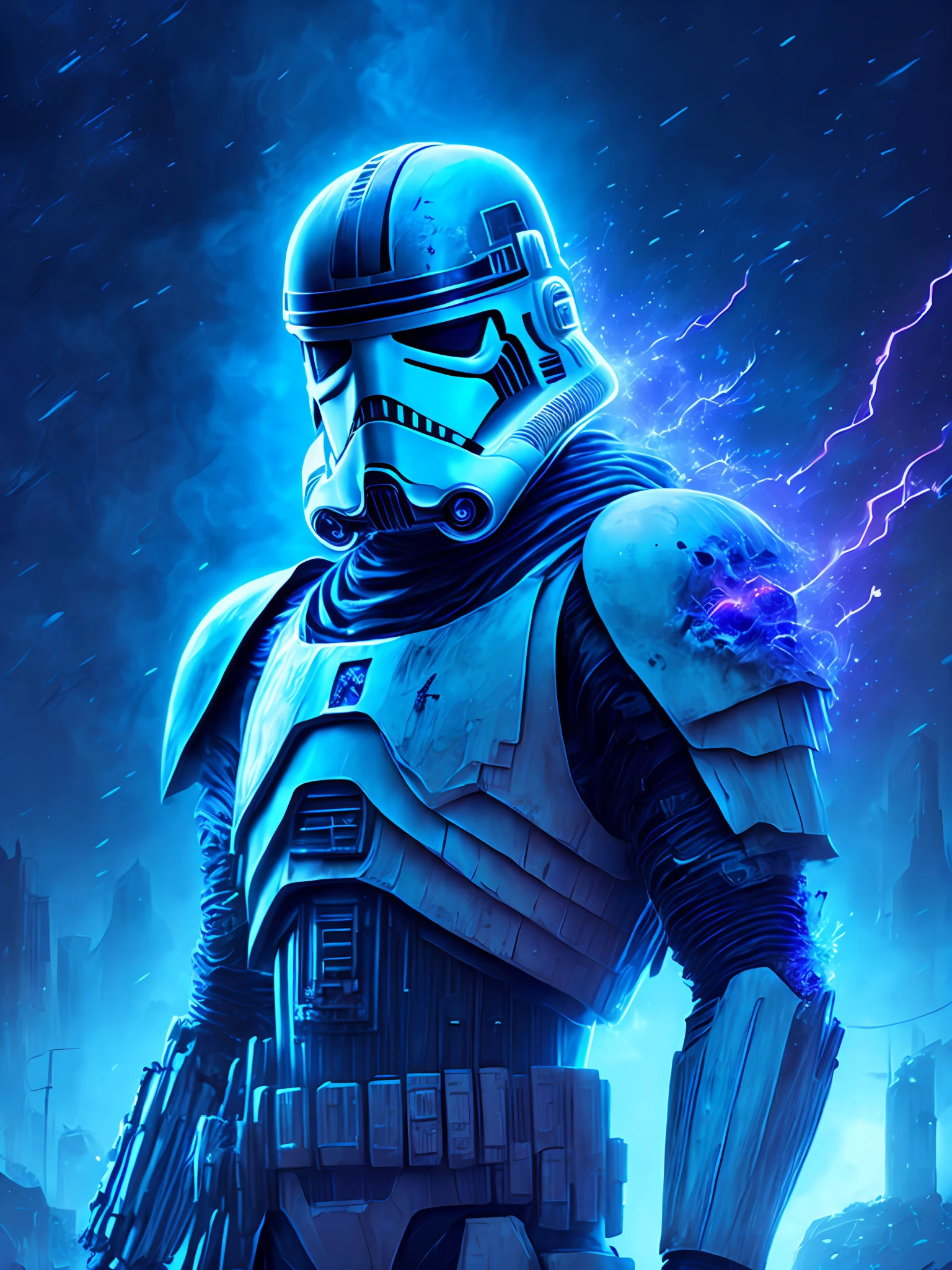 gloomy portrait of Zombie Stormtrooper from Star Wars, extremely detailed, futuristic cityscape, nighttime, glowing neon lights, smoke, sparks, metal shavings, flying debris, blue energy effects, volumetric light