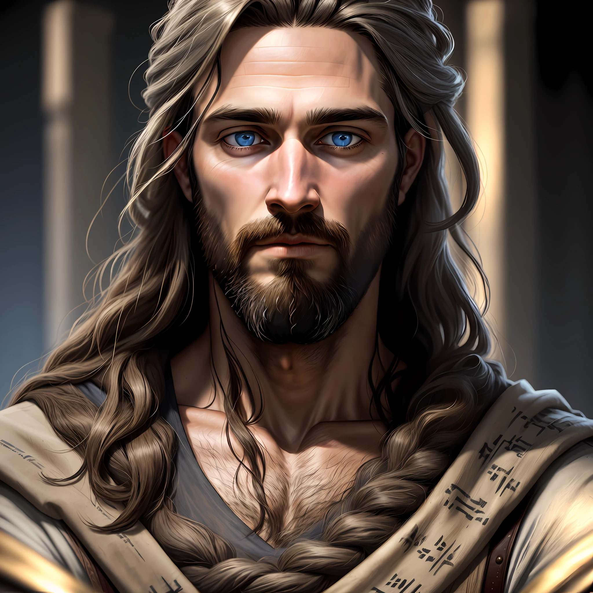 portrait of ancient jesus, 33 year old man, blue eyes, scruffy beard, thin, cinematic lighting, depth of field, bokeh, realism, photorealistic, hyperrealism, professional photography, uhd, dslr, hdr
