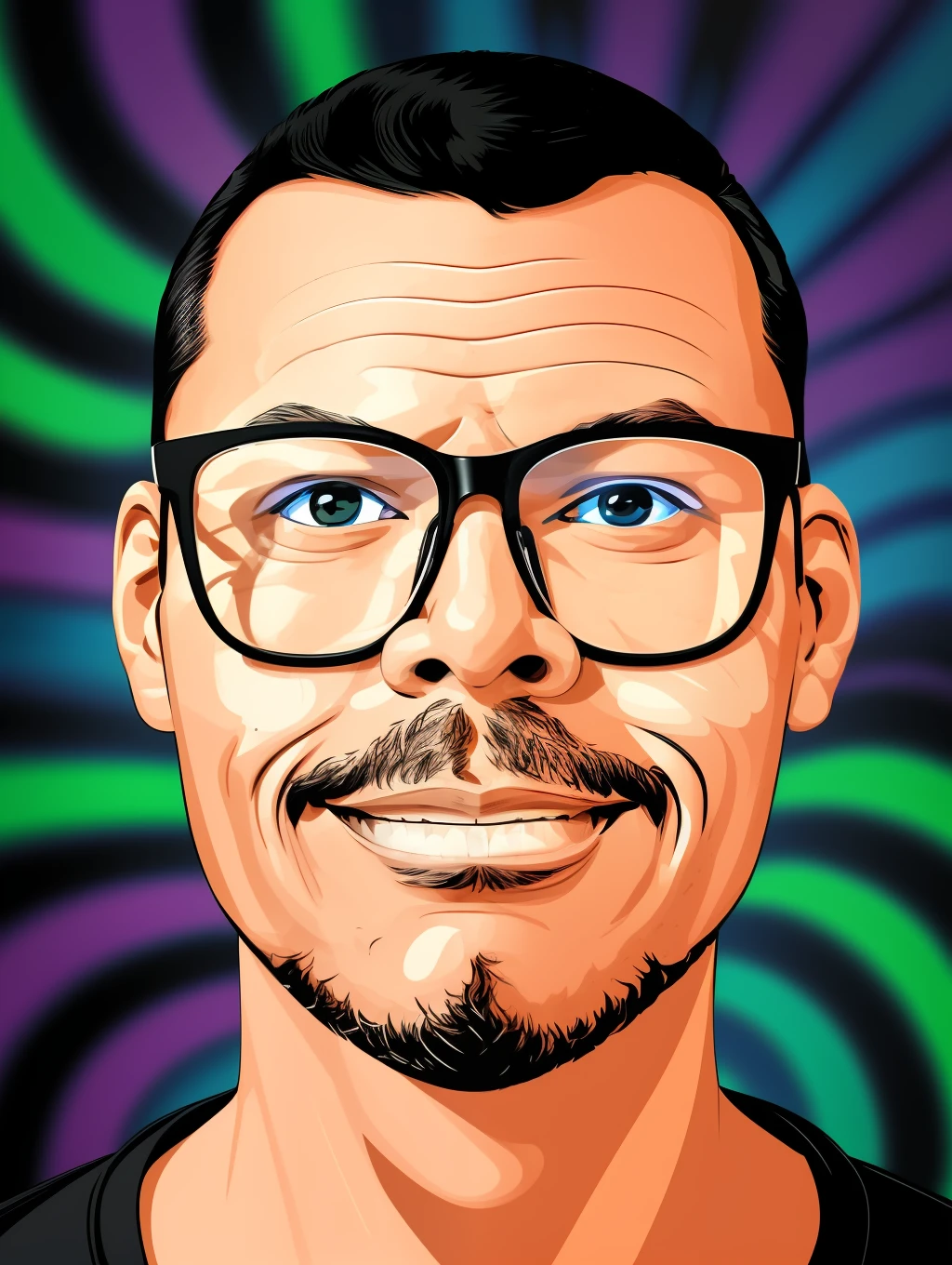 guttonerdvision4, portrait in illustration of a man with glasses, slight smile. Illustration in comic book style strokes, with black outline strokes. Psychedelic backdrop with blur