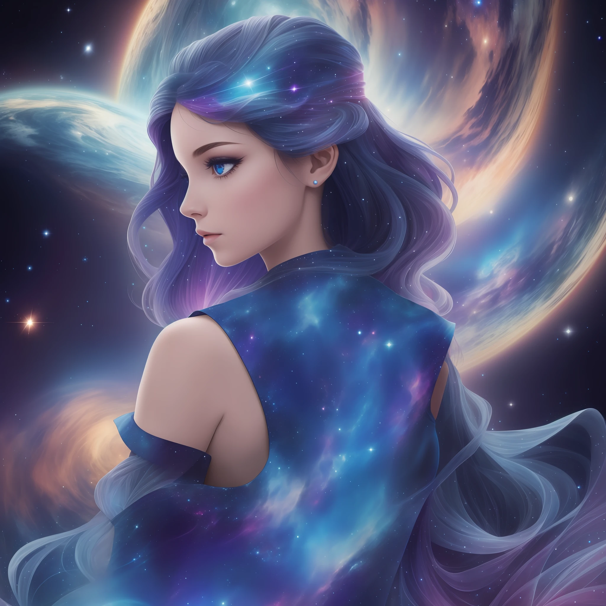 The silhouette of the girl is entirely a view from the back, the hem of the dress swirls into space, women in a dress with a blue dress, without a face, the back of the head, in full growth, in a dress of stars, in a cosmic dress, the goddess of space and time, the goddess of galaxies, dressed in stars and planets, astral dress, cosmic goddess, magic dress, in space, blue twisted dress, beautiful celestial magician, goddess of galactic size