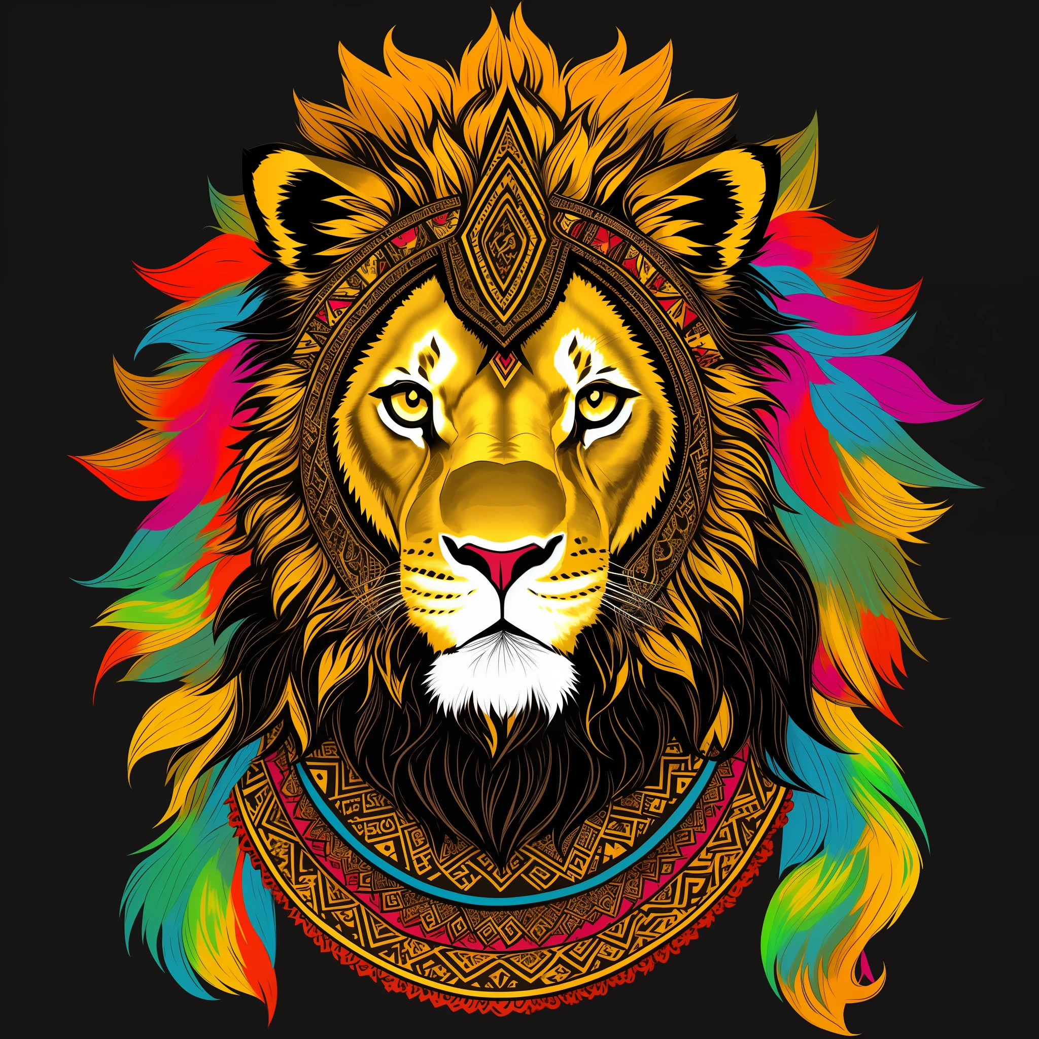 Vector design for a tshirt on a black background. Design includes ::lion::, dressed in Moroccan, realistic, punkcore, bright colors, detailed design, pixar, colorful